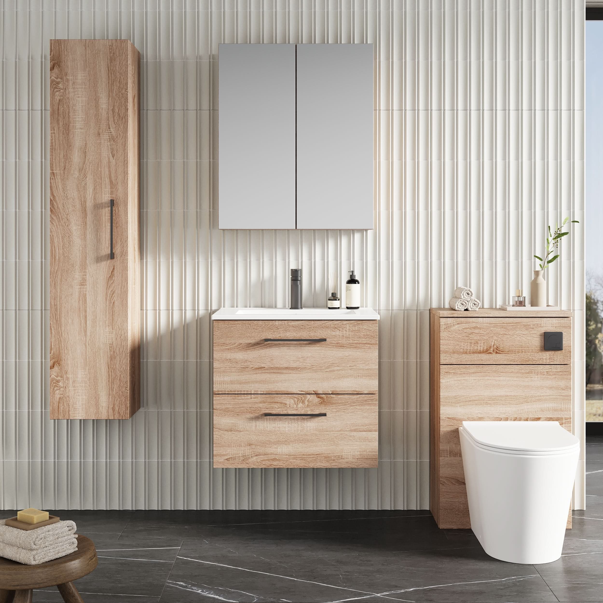 Nuie Arno Wall Hung 2 Drawer Vanity Unit & Minimalist Ceramic Basin, Contemporary Sink Vanity Unit in Bleached Oak, 600mm