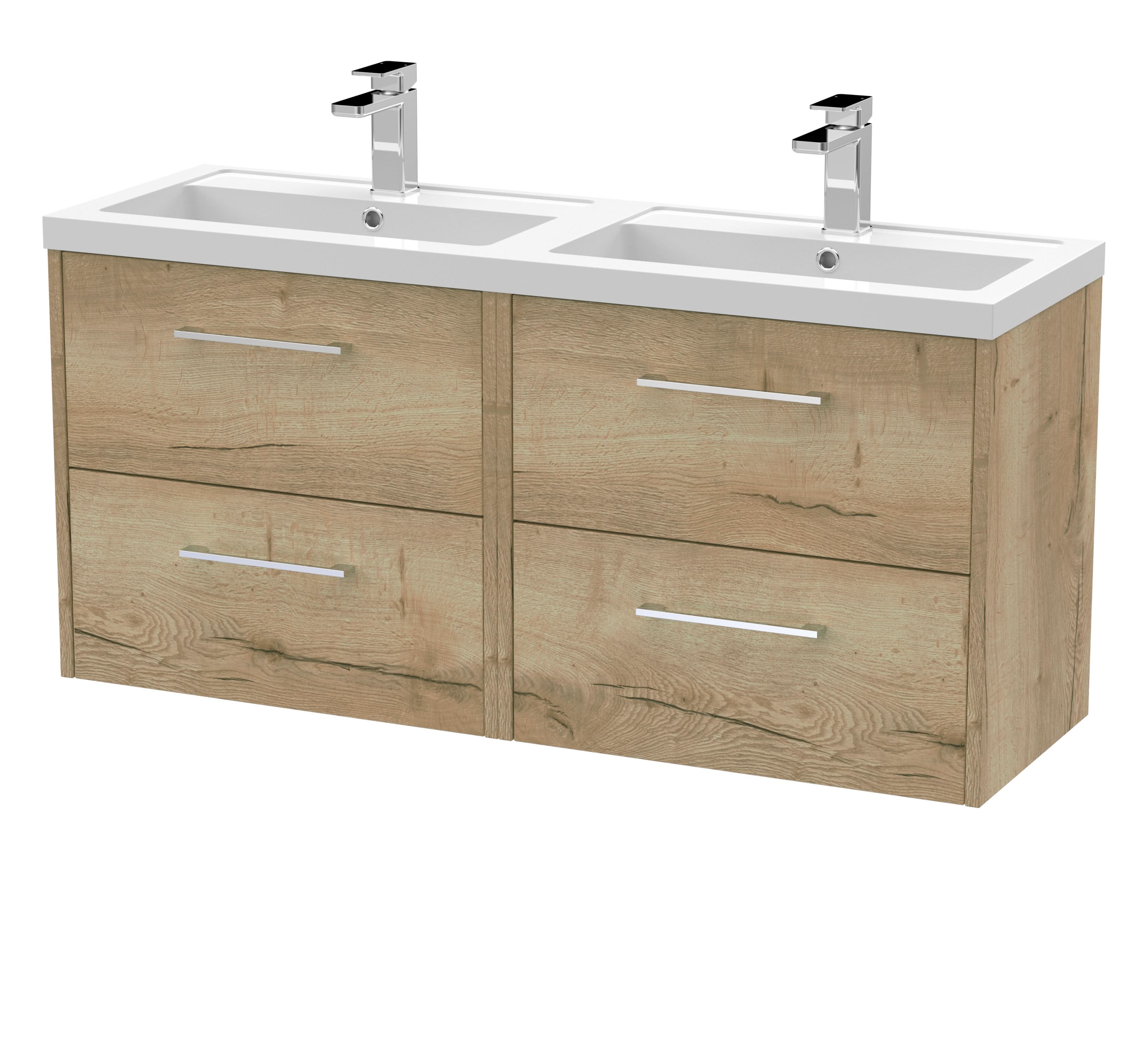 Hudson Reed Fluted Wall Hung 4-Drawer Vanity and Double Polymarble Basin, Stylish Sink Vanity Unit, Autumn Oak, 1200mm