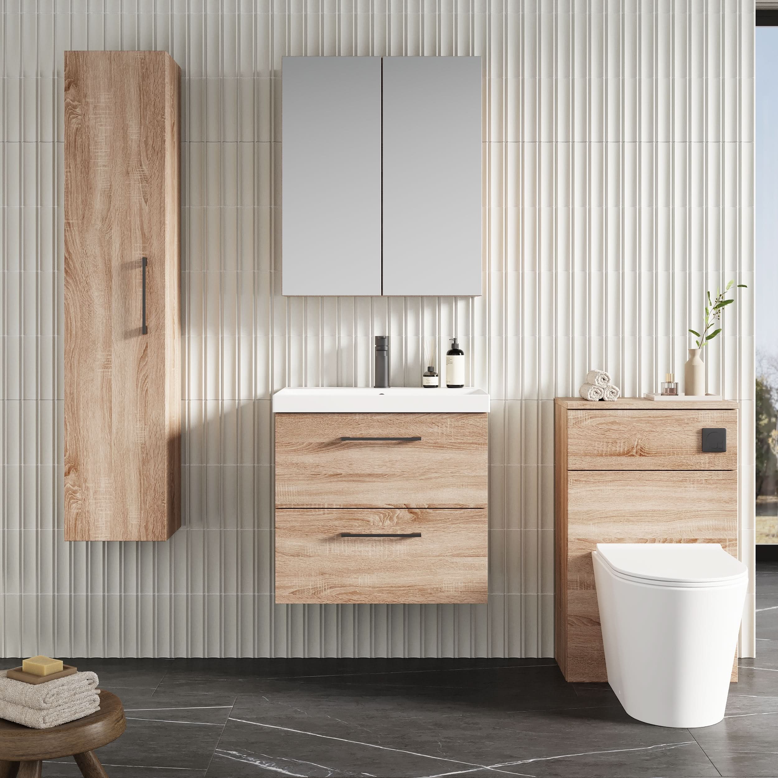 Nuie Arno Wall Hung 2 Drawer Vanity Unit & Thin-Edge Ceramic Basin, Contemporary Sink Vanity Unit in Bleached Oak, 600mm
