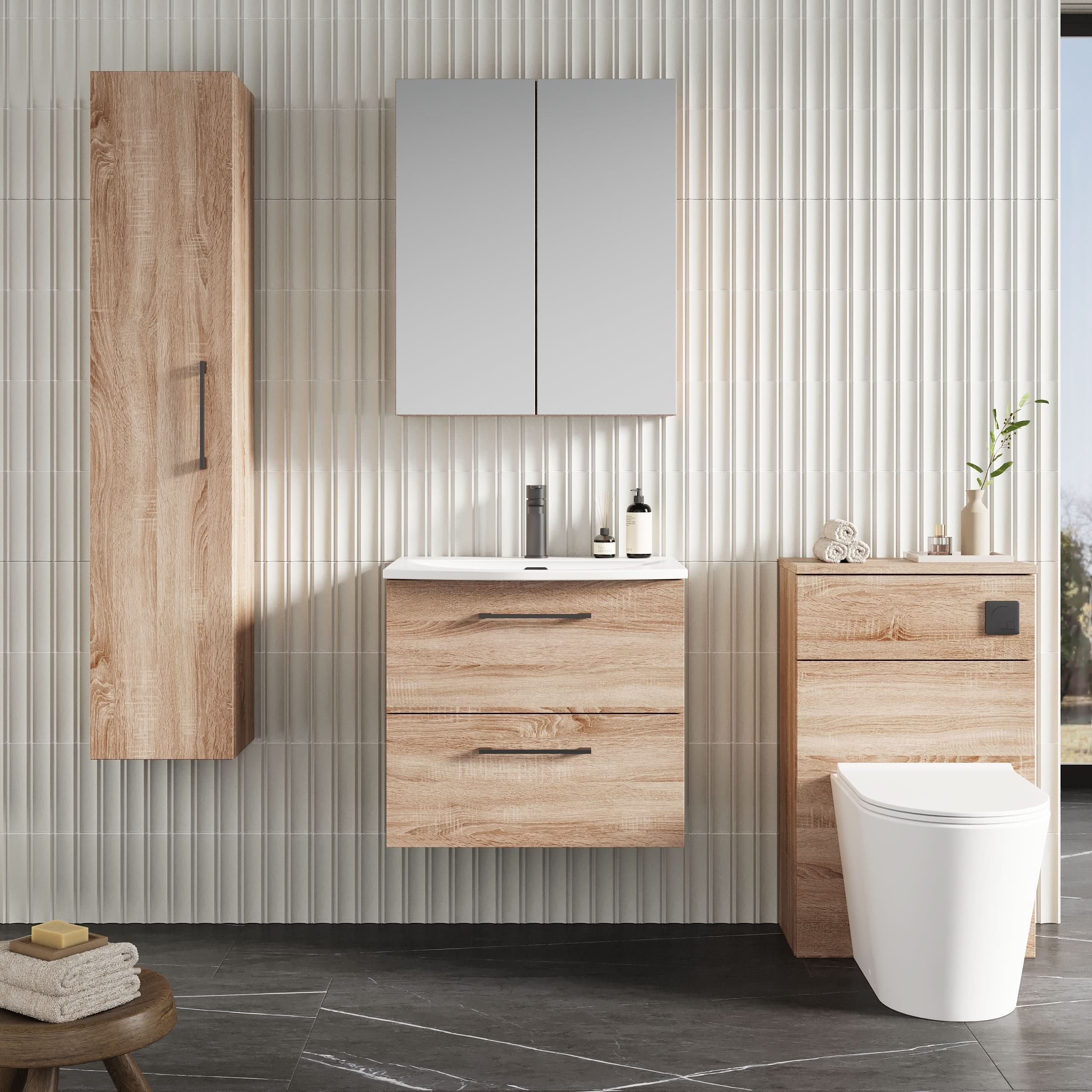 Nuie Arno Wall Hung 2 Drawer Vanity Unit & Curved Ceramic Basin, Contemporary Sink Vanity Unit in Bleached Oak, 600mm