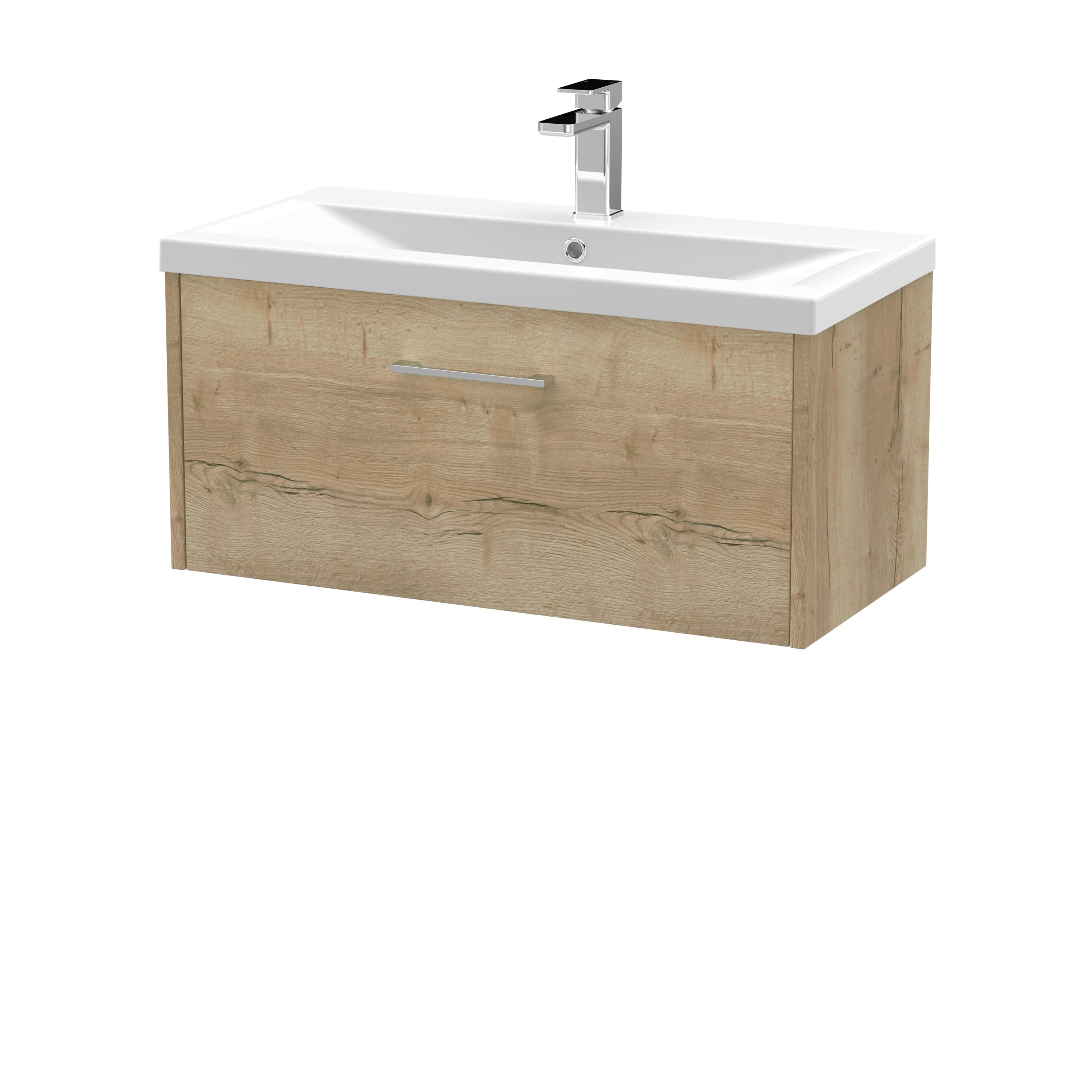 Hudson Reed Juno Wall Hung 1-Drawer Vanity & Mid-Edge 1 Tap Hole Basin, Contemporary Sink Vanity Unit, Autumn Oak, 800mm