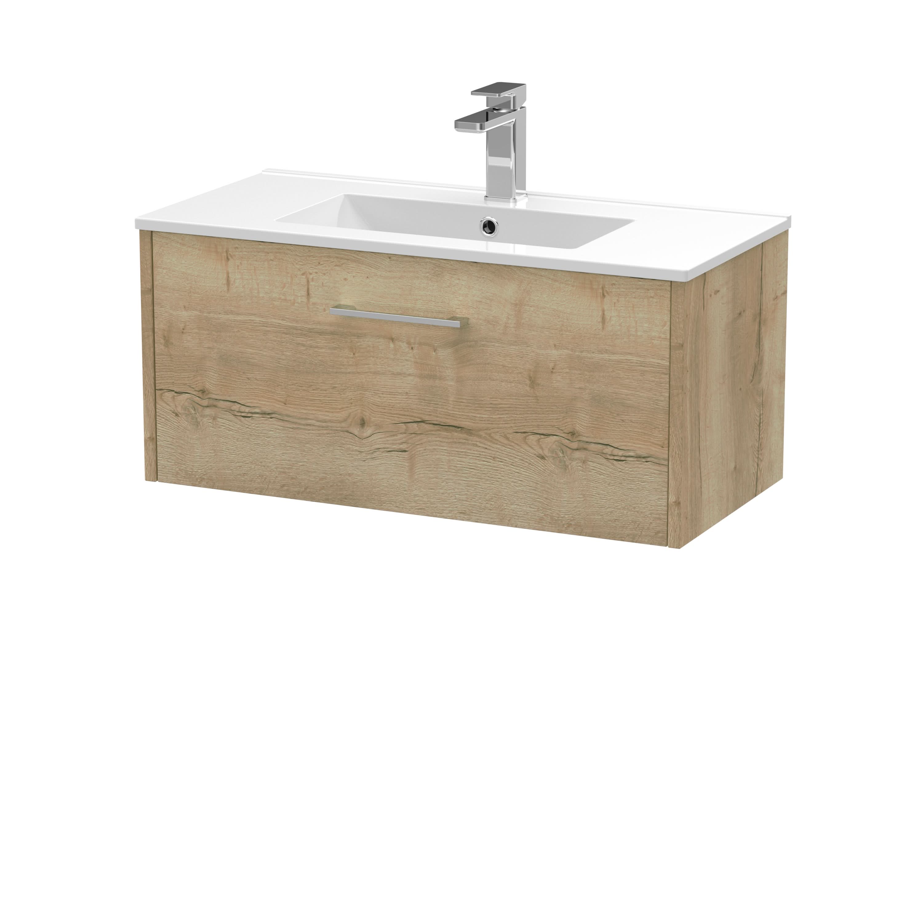 Hudson Reed Juno Wall Hung 1-Drawer Vanity & Minimalist 1 Tap Hole Basin, Contemporary Sink Vanity Unit, Autumn Oak, 800mm