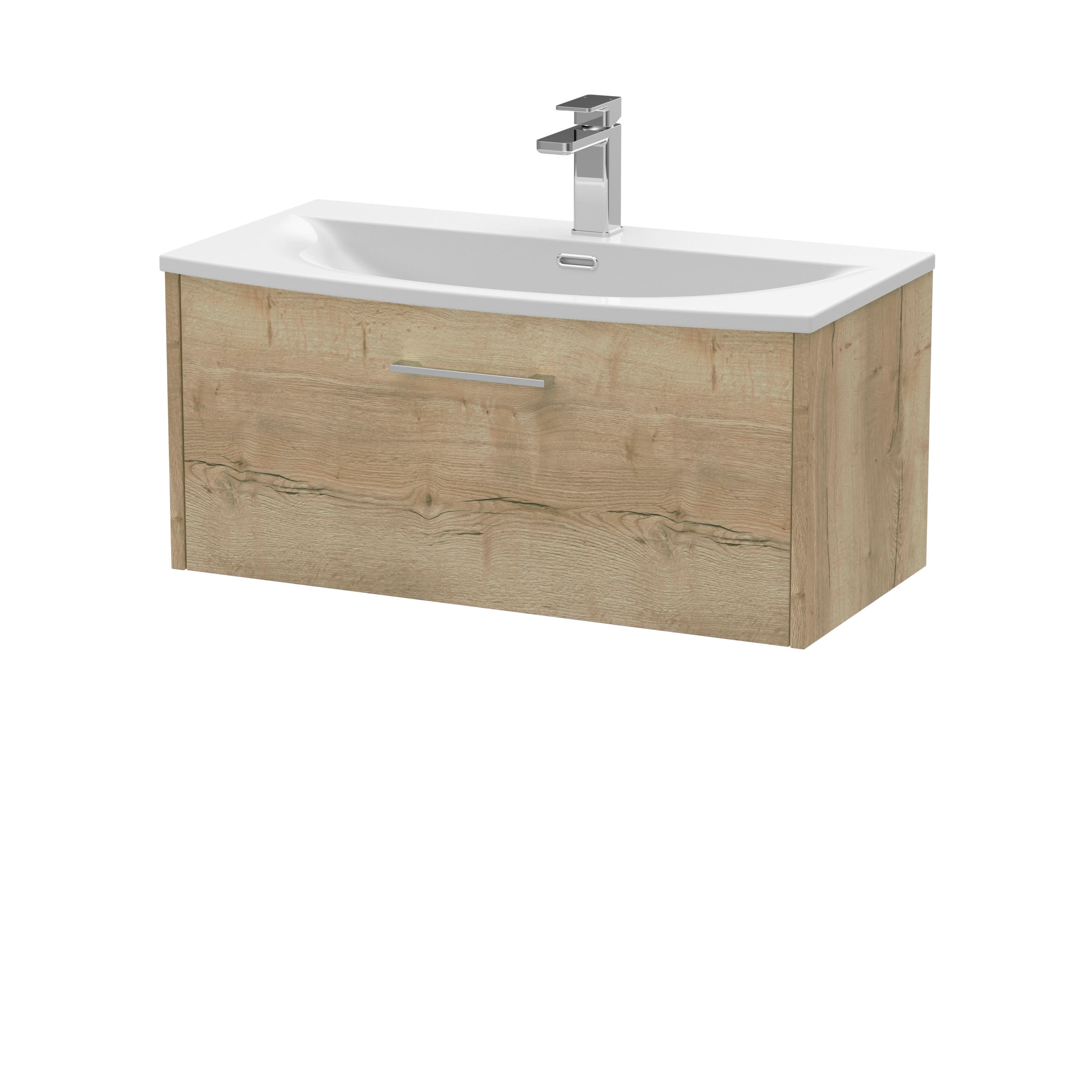 Hudson Reed Juno Wall Hung 1-Drawer Vanity & Curved 1 Tap Hole Basin, Contemporary Sink Vanity Unit, Autumn Oak, 800mm