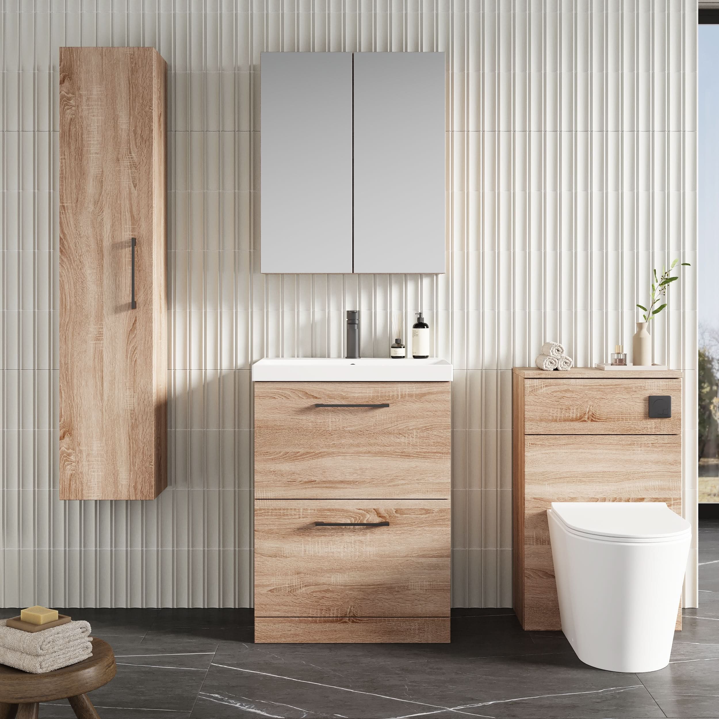 Nuie Arno Floor Standing 2 Drawer Vanity Unit & Thin-Edge Ceramic Basin, Contemporary Sink Vanity Unit in Bleached Oak, 600mm