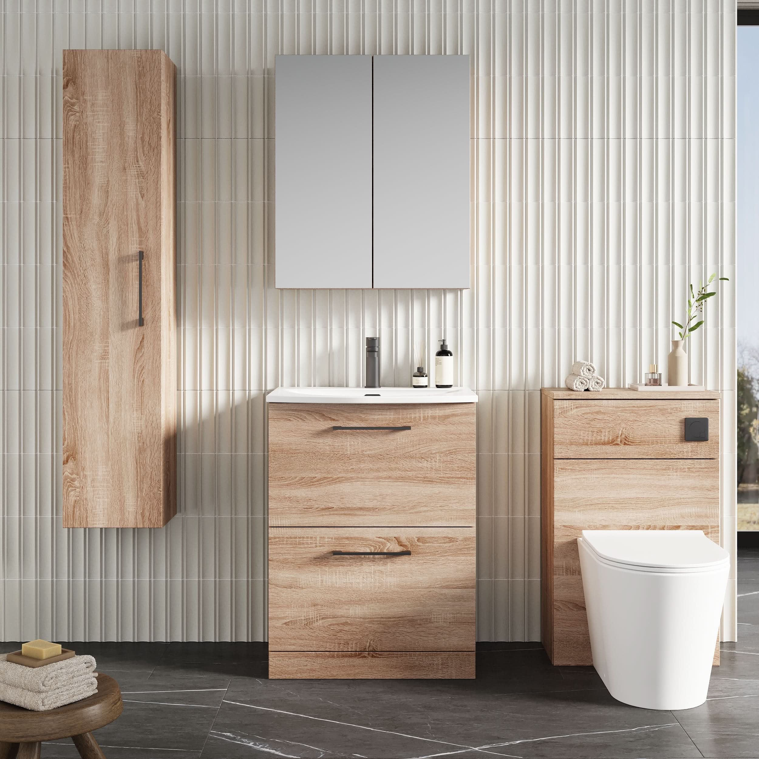 Nuie Arno Floor Standing 2 Drawer Vanity Unit & Curved Ceramic Basin, Contemporary Sink Vanity Unit in Bleached Oak, 600mm