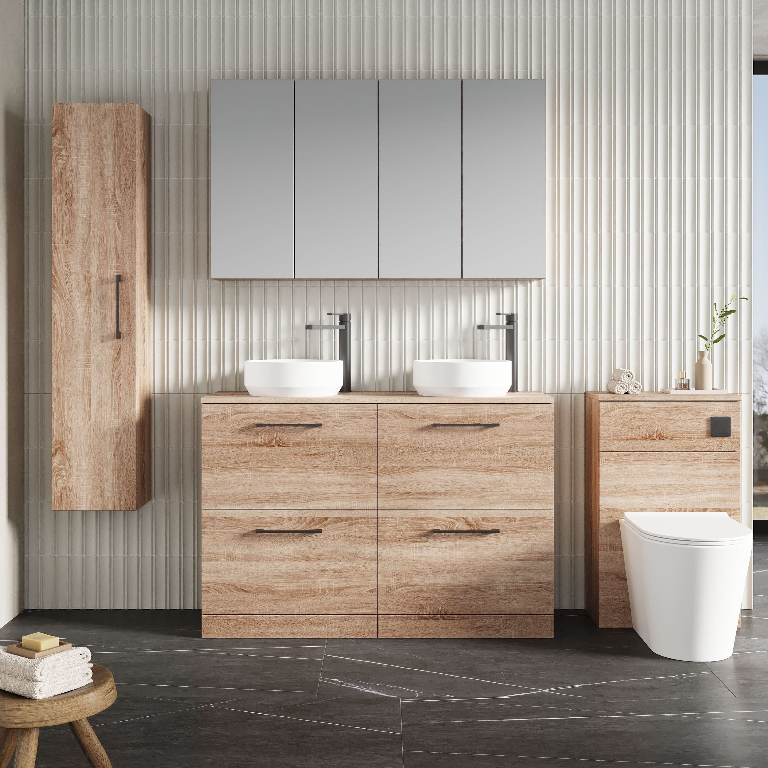 Nuie Arno Floor Standing 4 Drawer Vanity Unit & Worktop, Elegant Bathroom Vanity Unit in Bleached Oak with Bleached Cuneo Oak Worktop, 1200mm