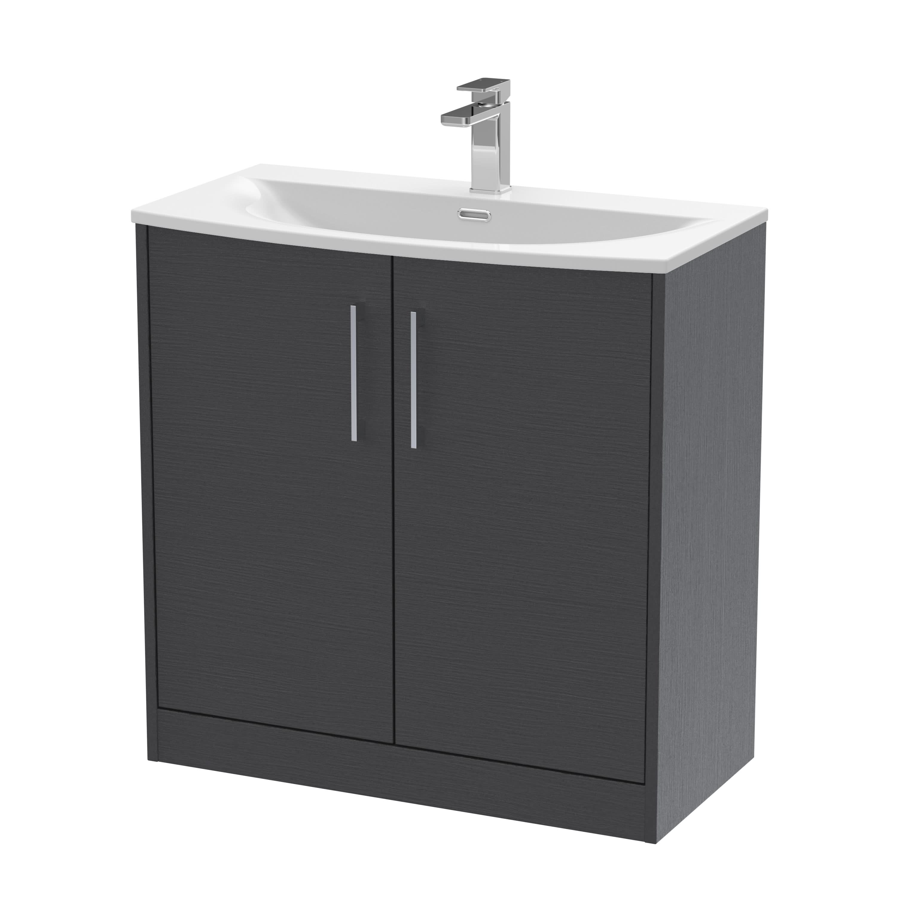 Hudson Reed Juno Floor Standing 2-Door Vanity & Curved 1 Tap Hole Basin, Elegant Sink Vanity Unit, Graphite Grey Woodgrain, 800mm
