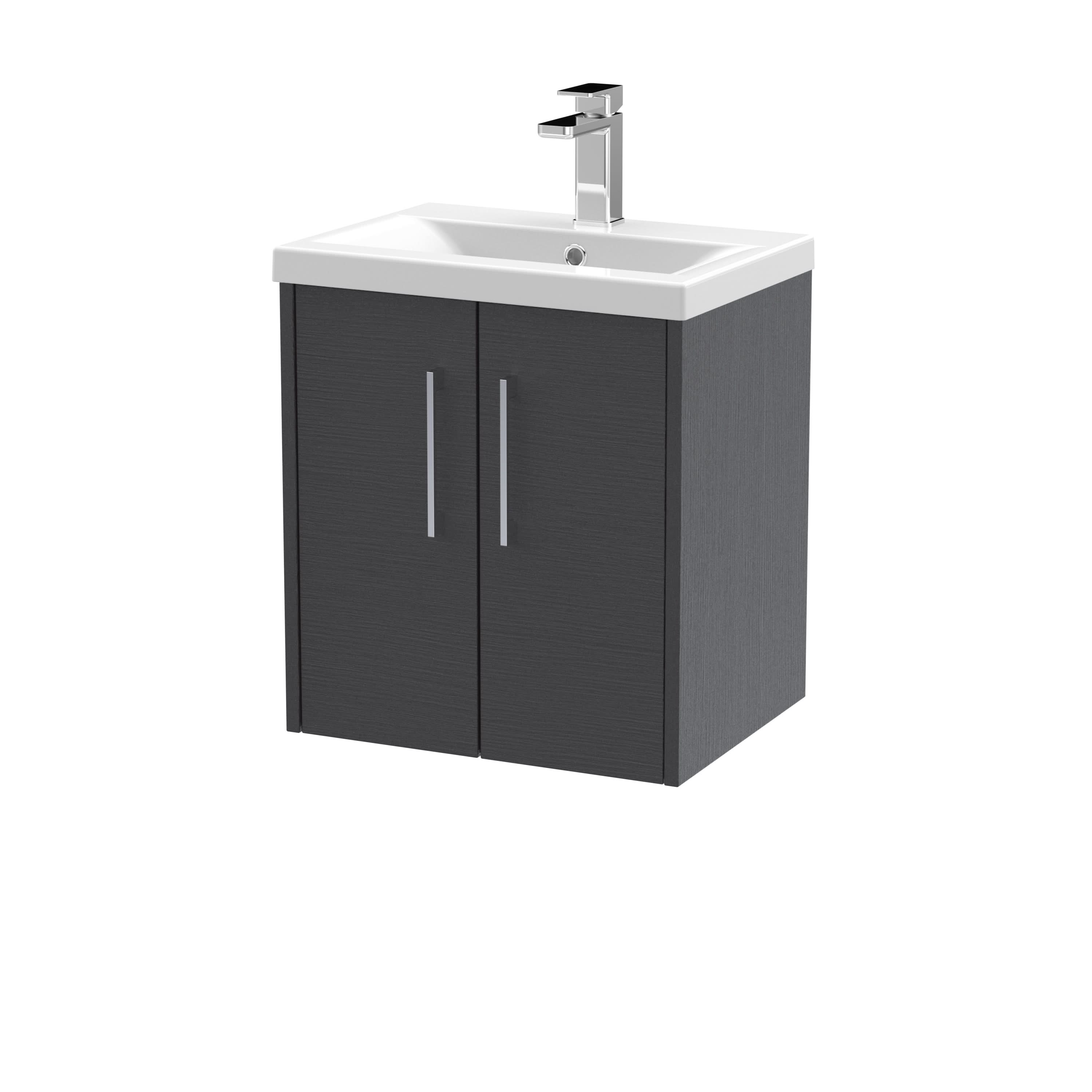 Hudson Reed Juno Wall Hung 2-Door Vanity & Mid-Edge 1 Tap Hole Basin, Premium Sink Vanity Unit, Graphite Grey Woodgrain, 500mm