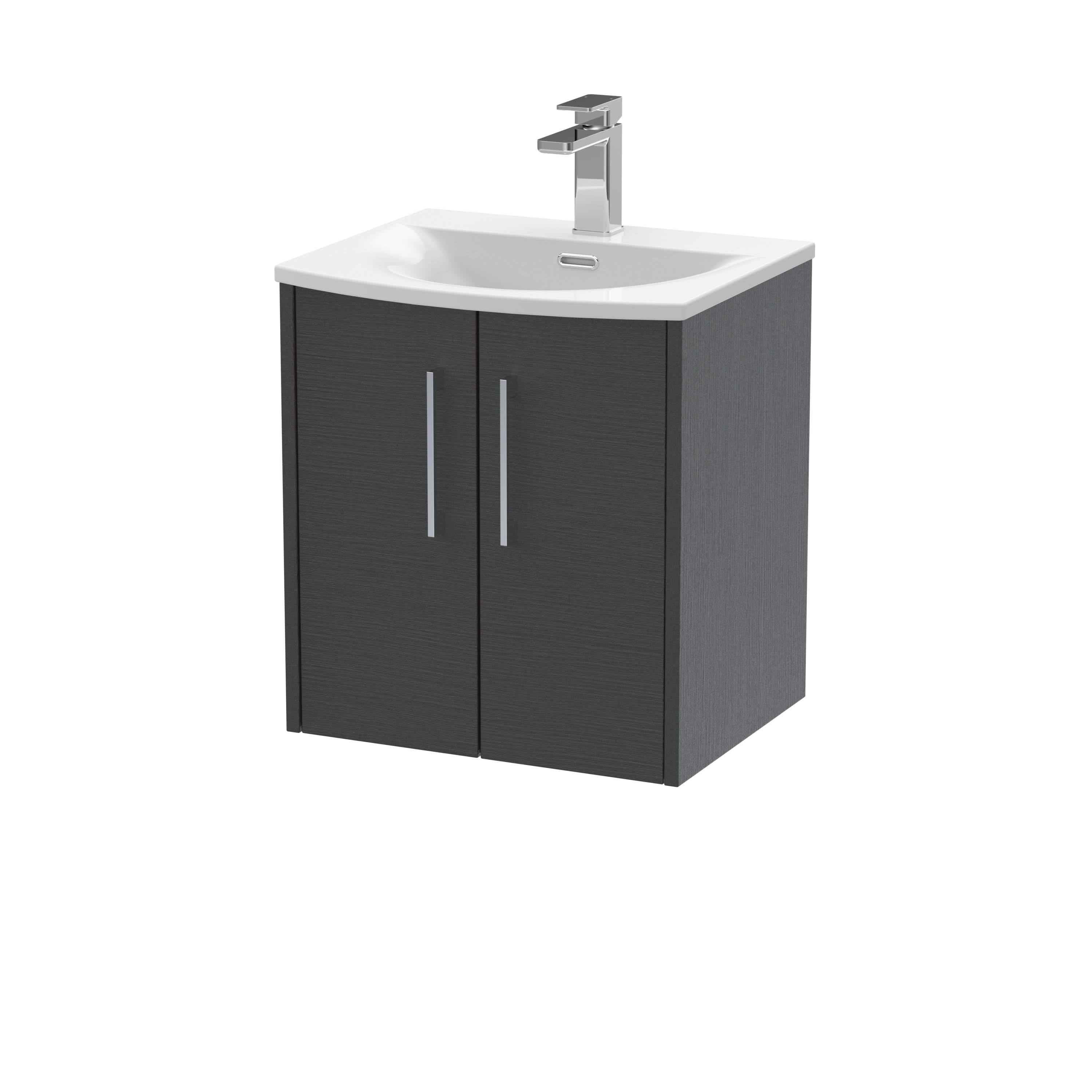 Hudson Reed Juno Wall Hung 2-Door Vanity & Curved 1 Tap Hole Basin, Premium Sink Vanity Unit, Graphite Grey Woodgrain, 500mm