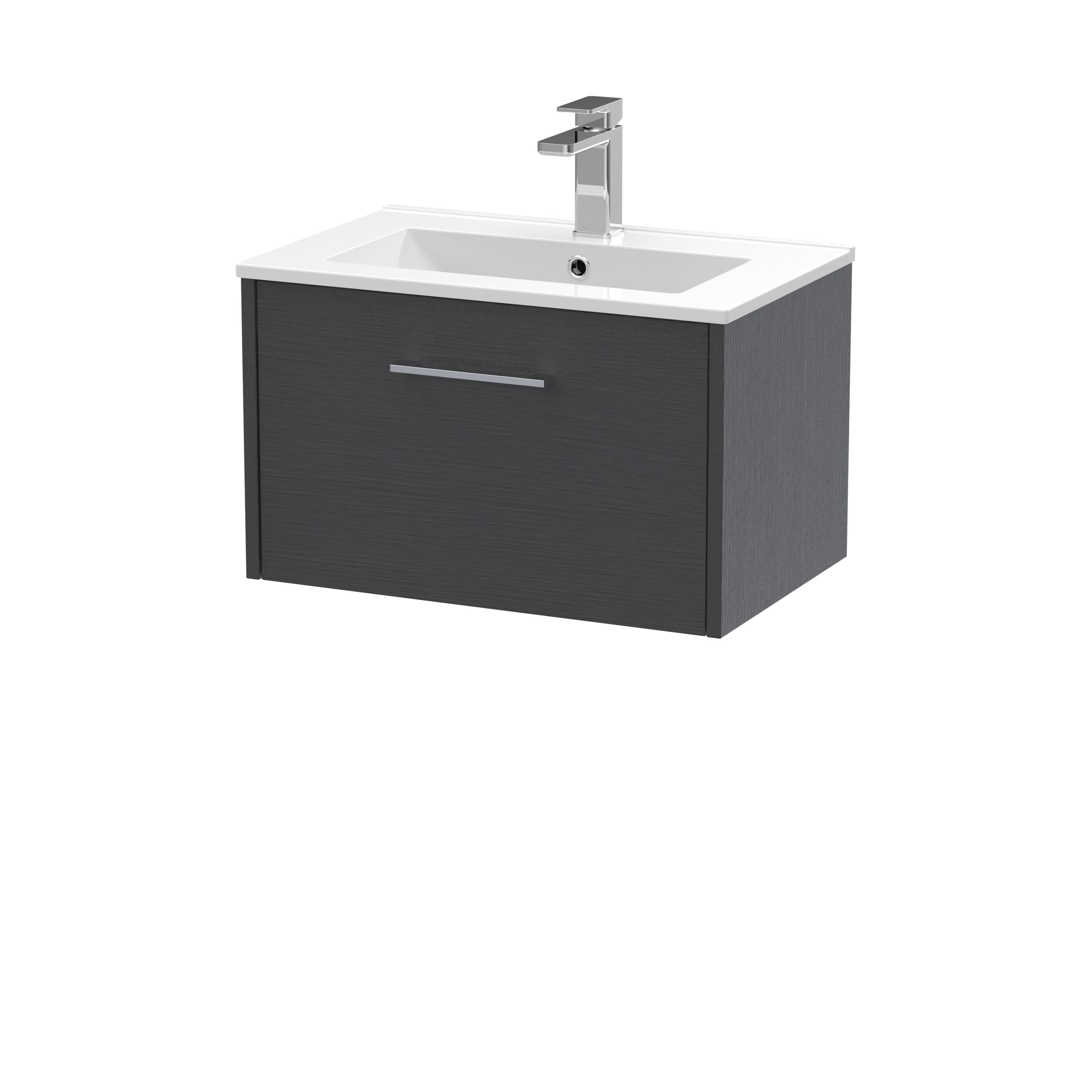 Hudson Reed Juno Wall Hung 1-Drawer Vanity and Minimalist 1 Tap Hole Basin, Modern Sink Vanity Unit, Graphite Grey Woodgrain, 600mm