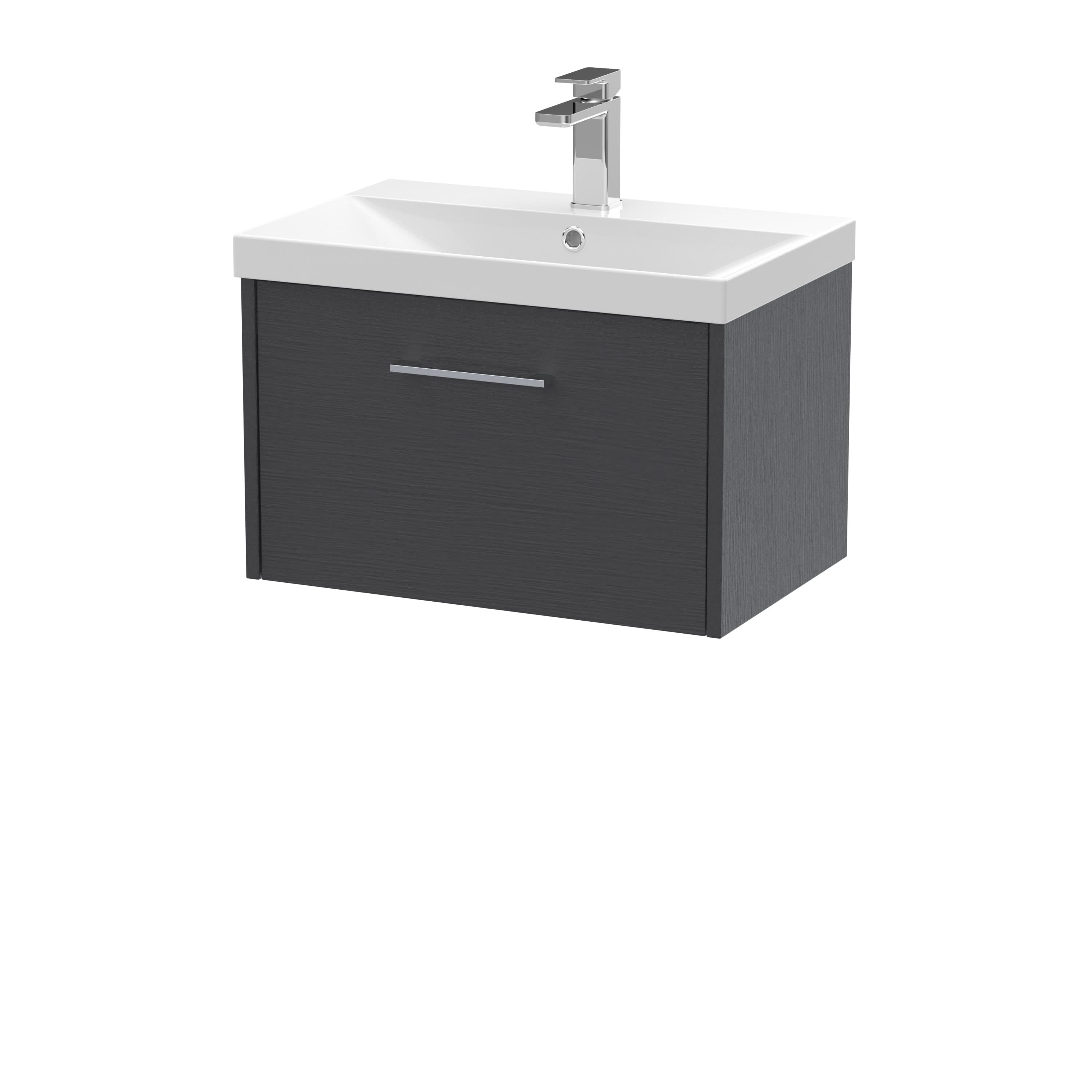 Hudson Reed Juno Wall Hung 1-Drawer Vanity and Thin-Edge 1 Tap Hole Basin, Modern Sink Vanity Unit, Graphite Grey Woodgrain, 600mm