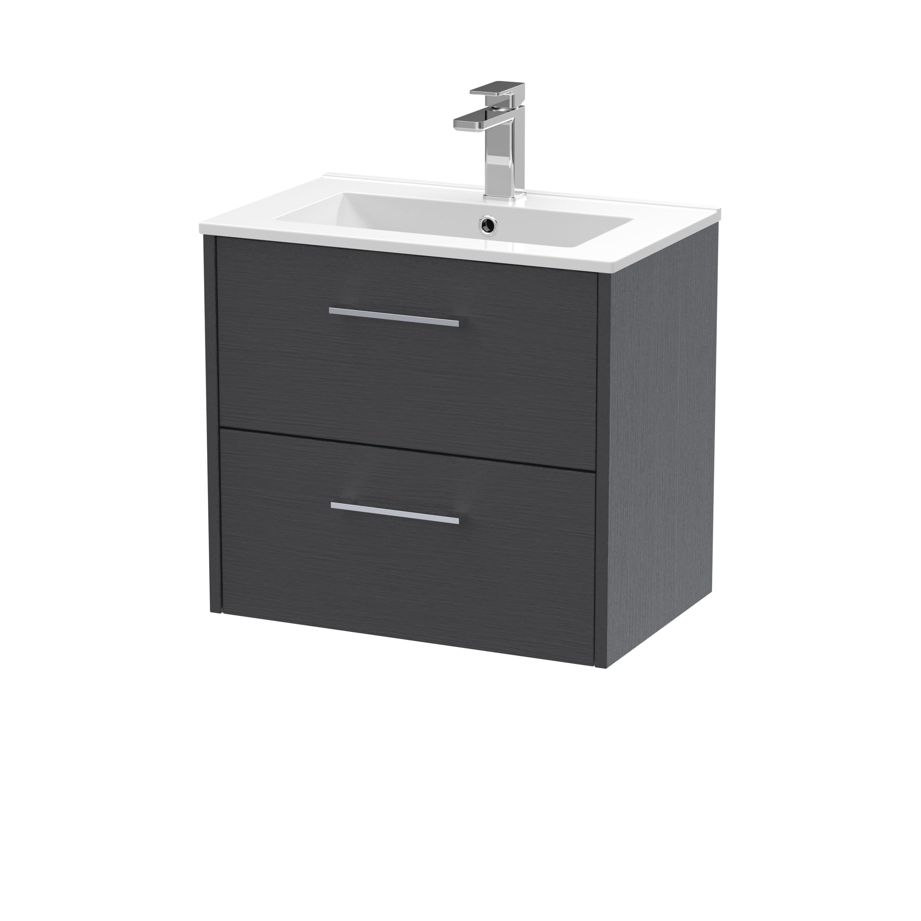 Hudson Reed Juno Wall Hung 2-Drawer Vanity and Minimalist 1 Tap Hole Basin, Stylish Sink Vanity Unit, Graphite Grey Woodgrain, 600mm