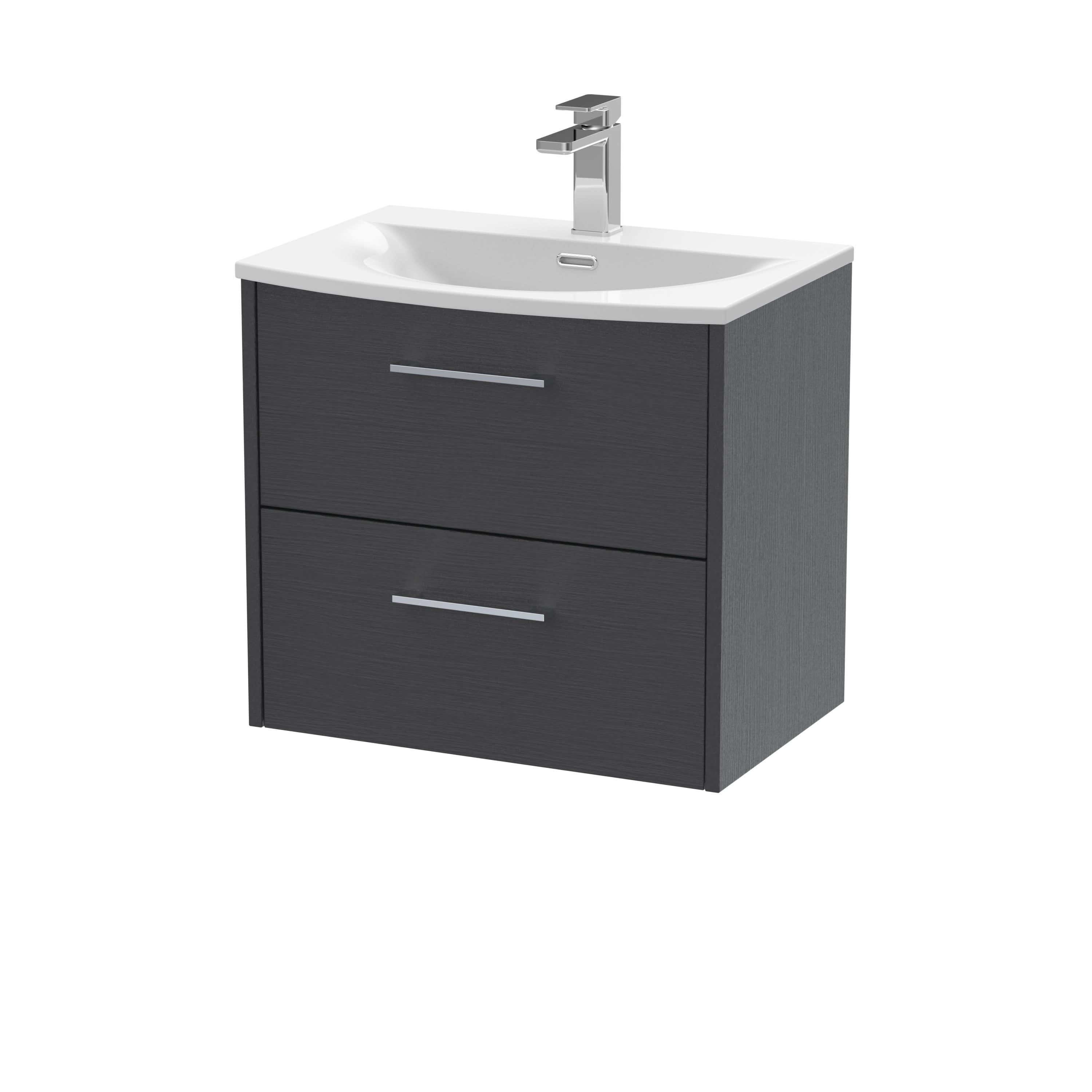 Hudson Reed Juno Wall Hung 2-Drawer Vanity and Curved 1 Tap Hole Basin, Stylish Sink Vanity Unit, Graphite Grey Woodgrain, 600mm
