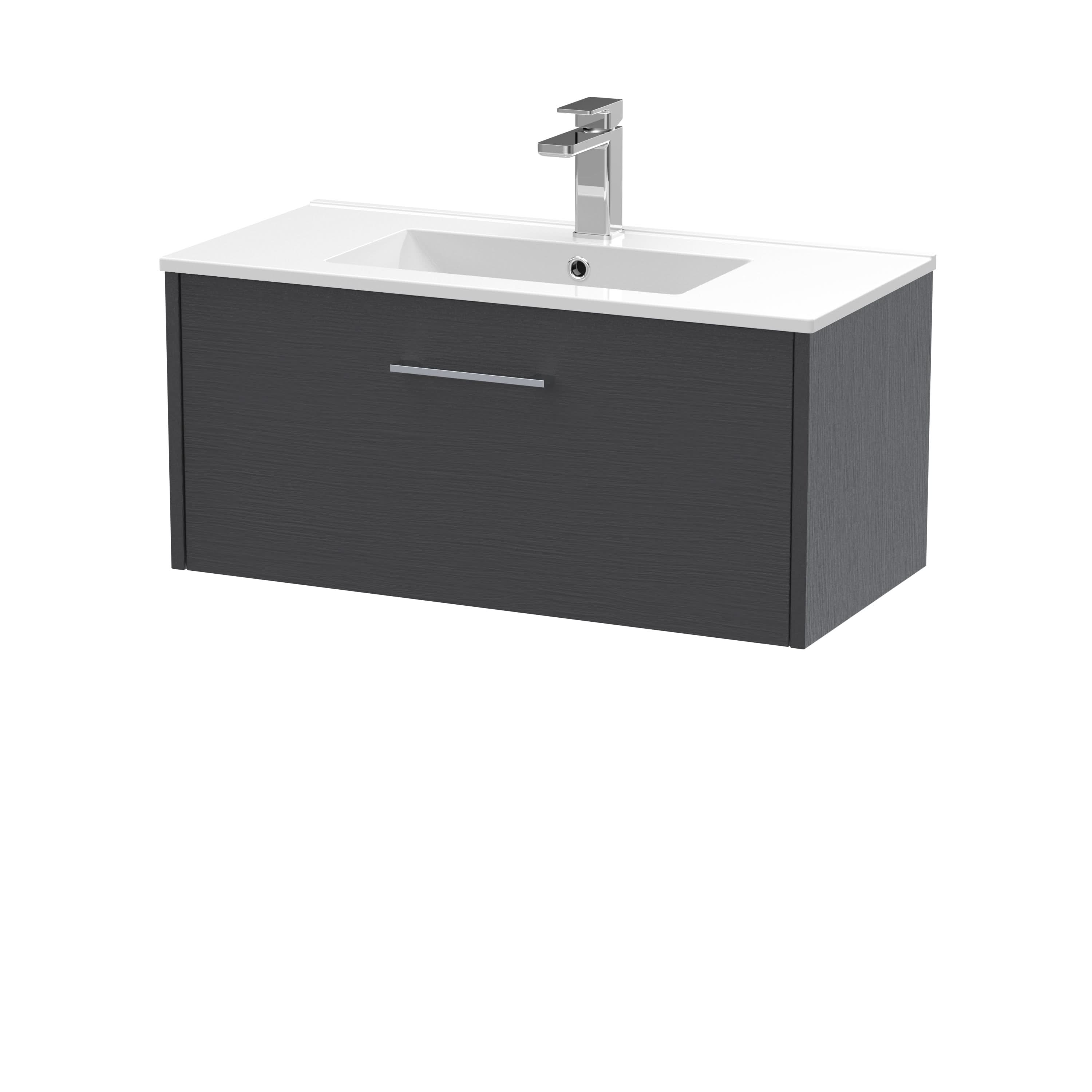 Hudson Reed Juno Wall Hung 1-Drawer Vanity and Minimalist 1 Tap Hole Basin, Spacious Sink Vanity Unit, Graphite Grey Woodgrain, 800mm