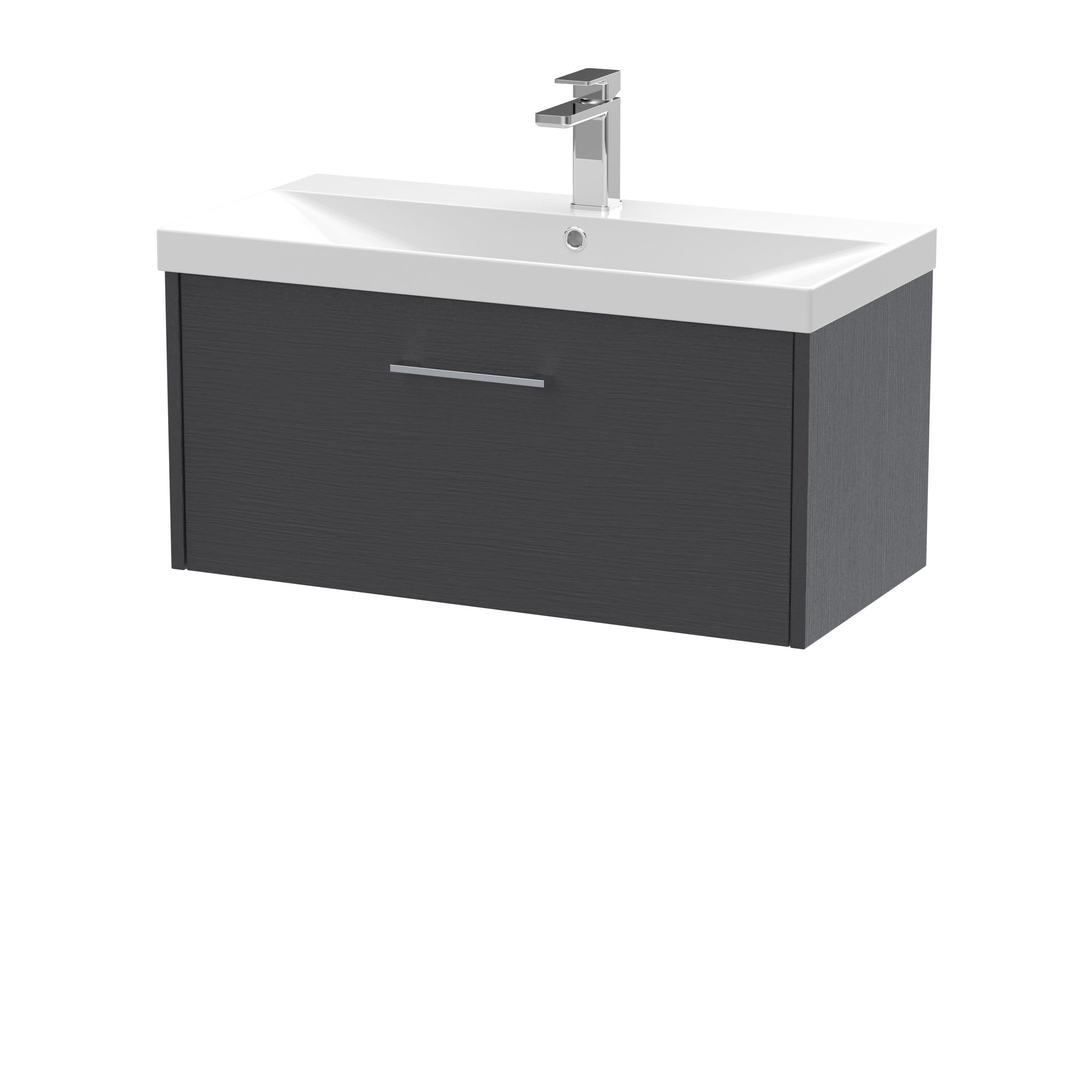 Hudson Reed Juno Wall Hung 1-Drawer Vanity and Thin-Edge 1 Tap Hole Basin, Spacious Sink Vanity Unit, Graphite Grey Woodgrain, 800mm
