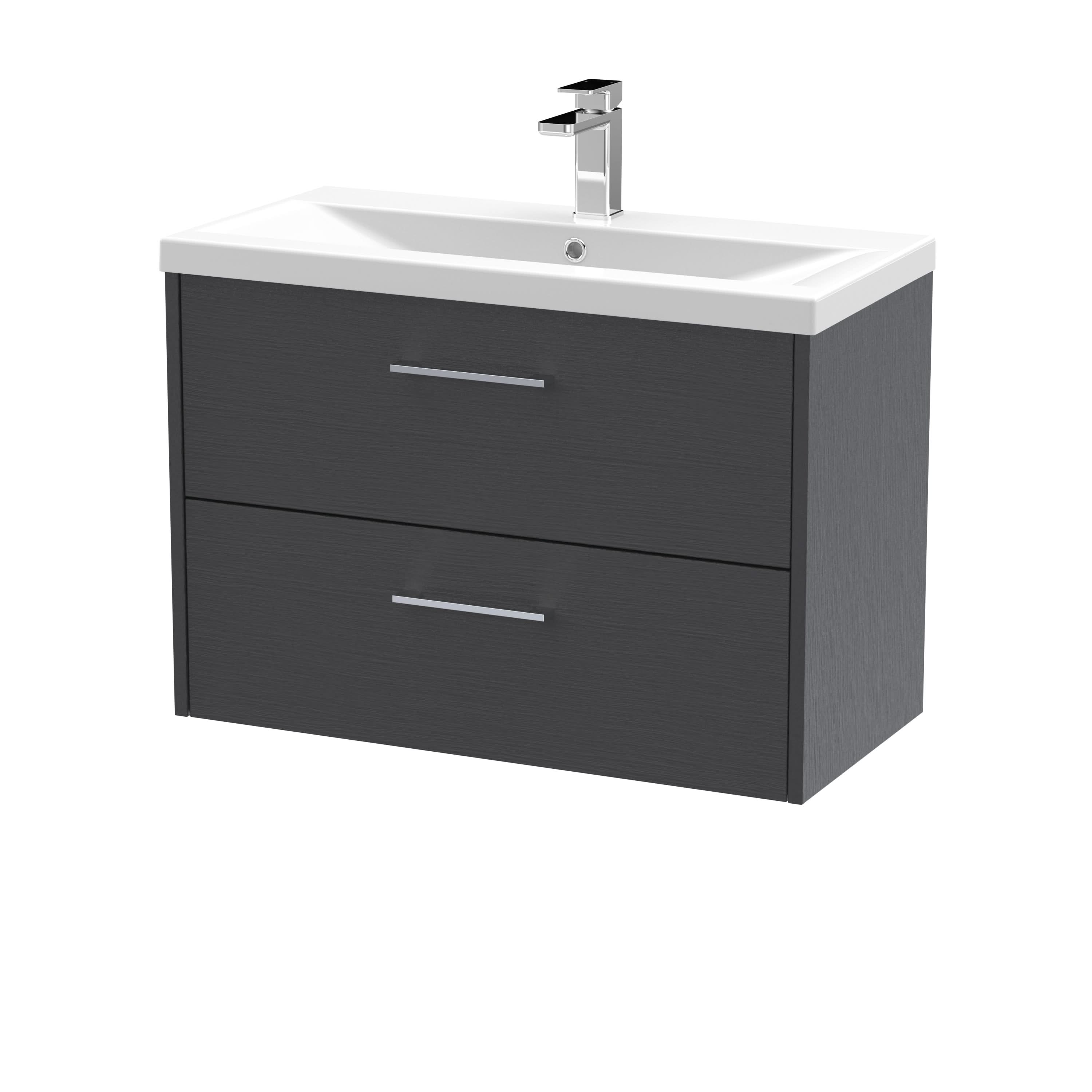 Hudson Reed Juno Wall Hung 2-Drawer Vanity and Mid-Edge 1 Tap Hole Basin, Spacious Sink Vanity Unit, Graphite Grey Woodgrain, 800mm