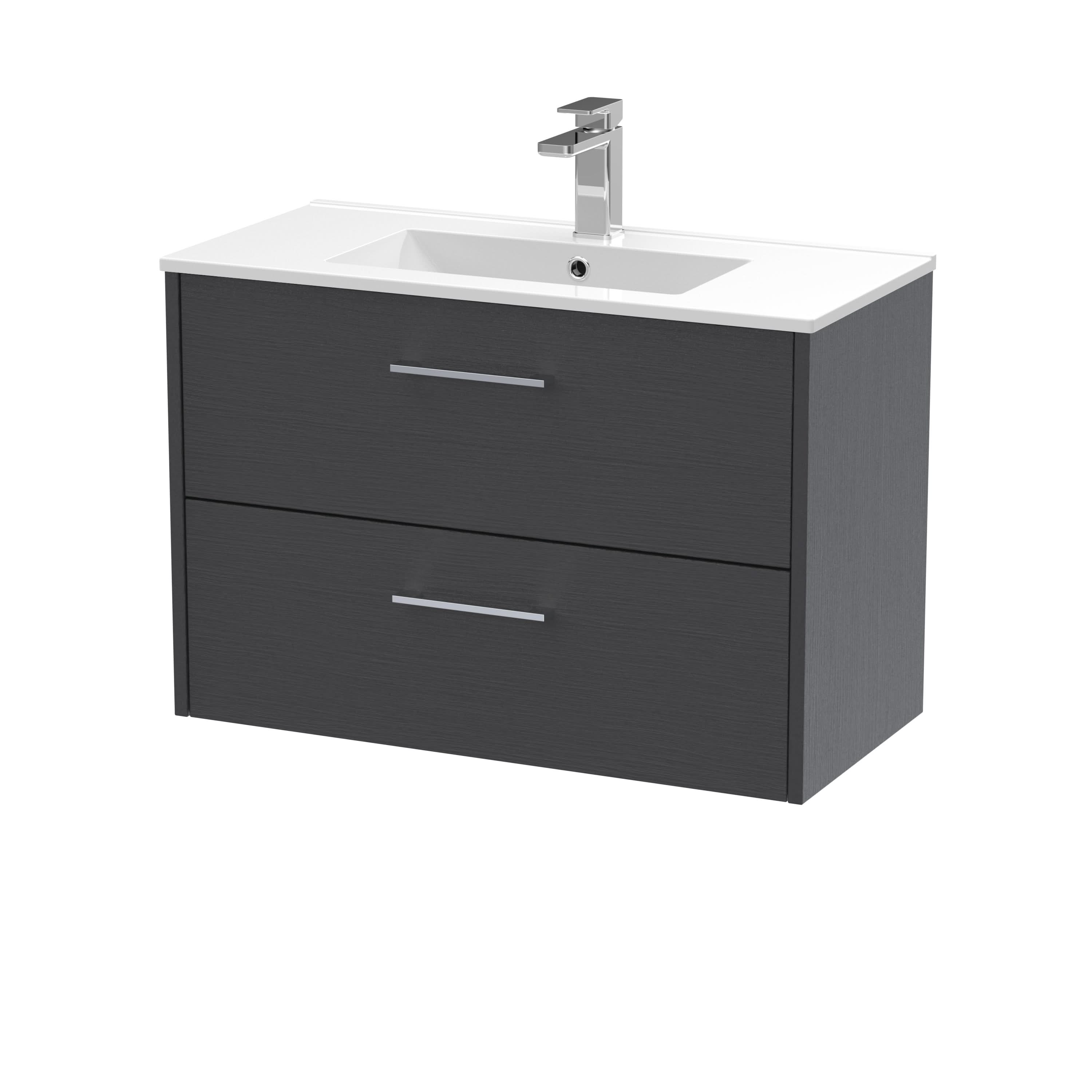 Hudson Reed Juno Wall Hung 2-Drawer Vanity and Minimalist 1 Tap Hole Basin, Spacious Sink Vanity Unit, Graphite Grey Woodgrain, 800mm