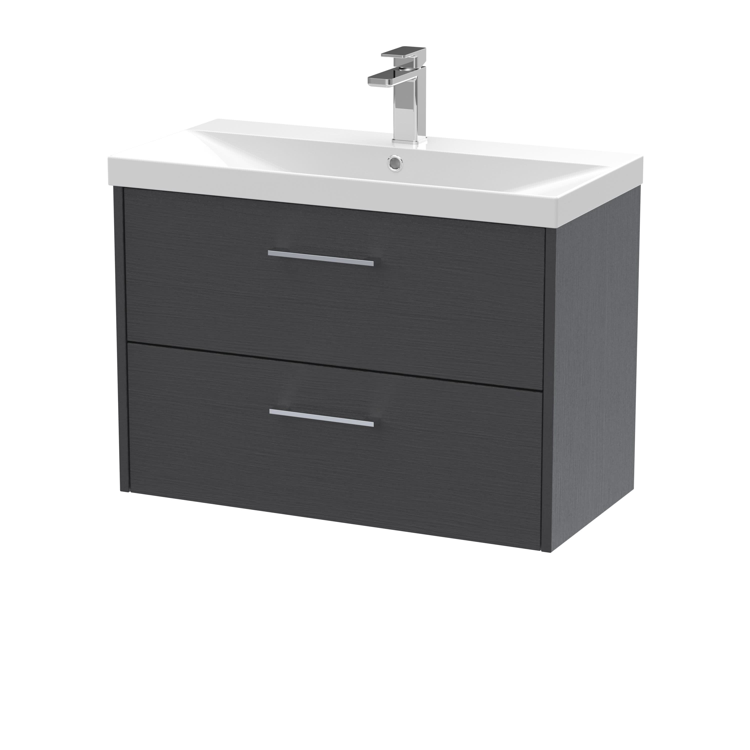 Hudson Reed Juno Wall Hung 2-Drawer Vanity and Thin-Edge 1 Tap Hole Basin, Spacious Sink Vanity Unit, Graphite Grey Woodgrain, 800mm