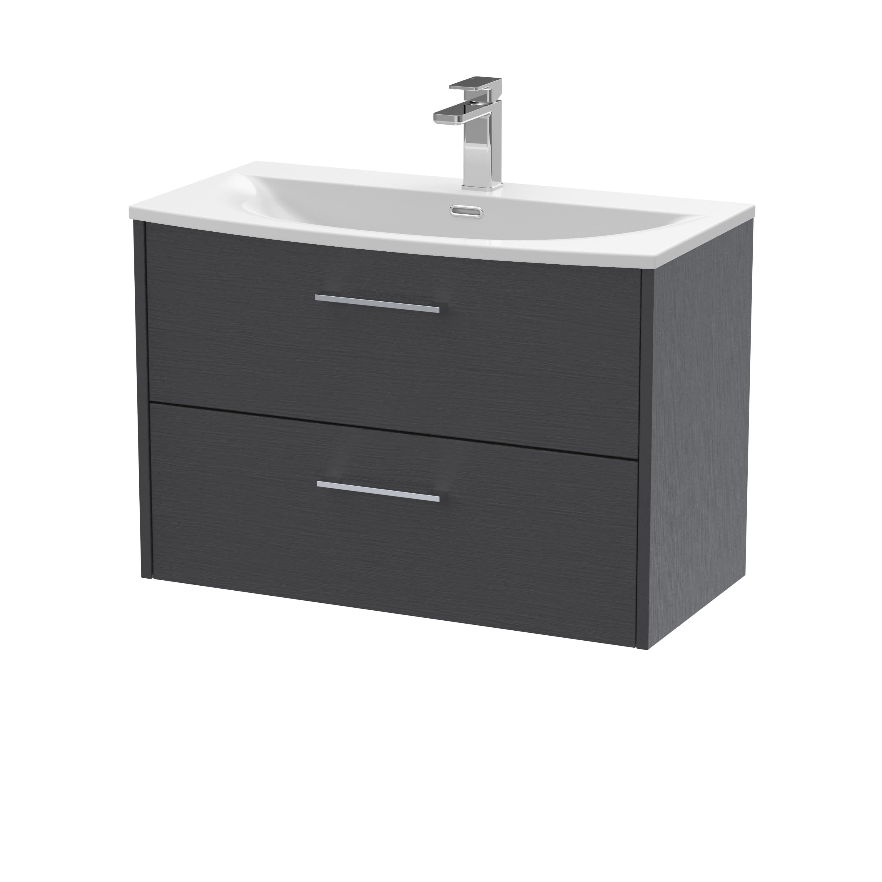 Hudson Reed Juno Wall Hung 2-Drawer Vanity and Curved 1 Tap Hole Basin, Spacious Sink Vanity Unit, Graphite Grey Woodgrain, 800mm