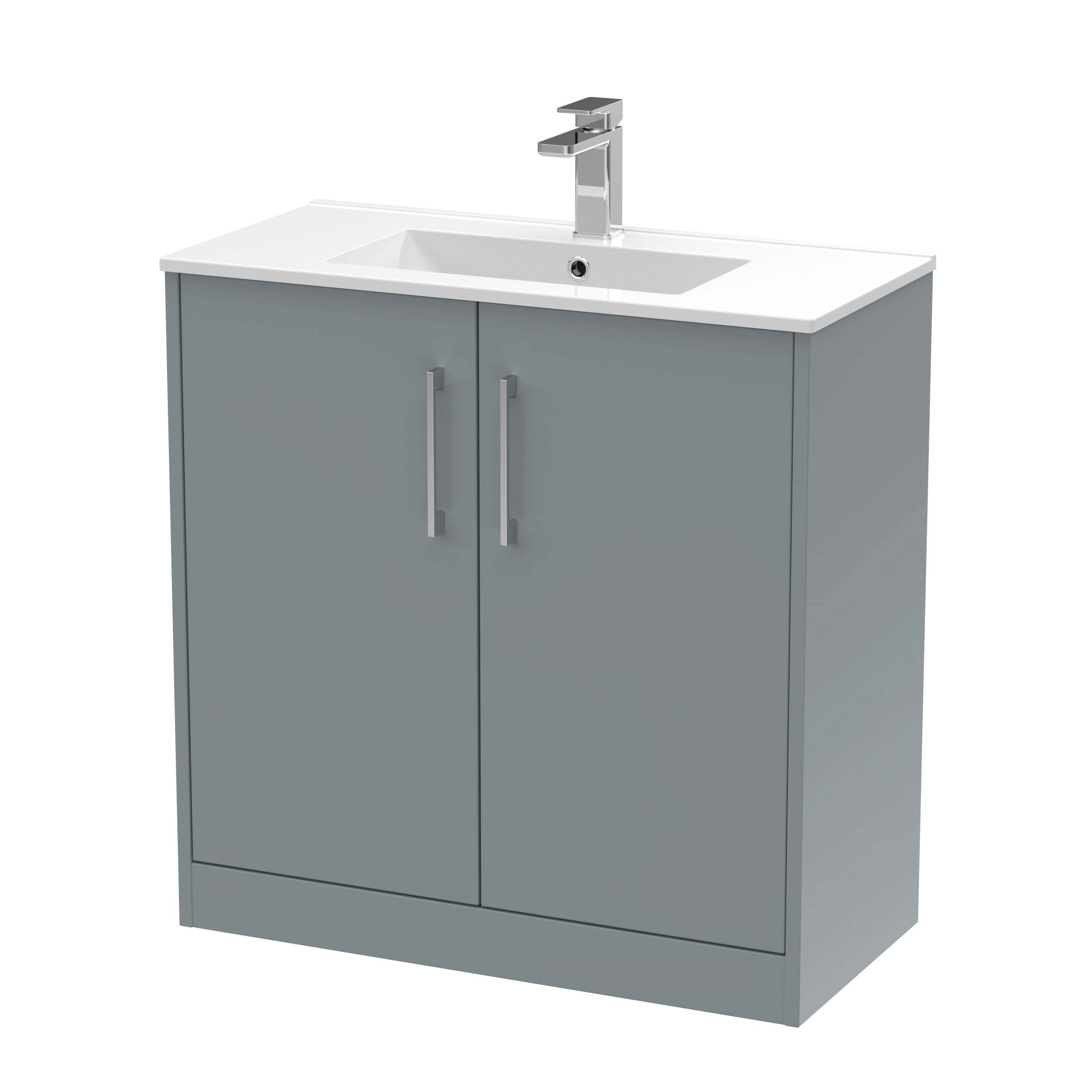 Hudson Reed Juno Floor Standing 2-Door Vanity & Minimalist 1 Tap Hole Basin, Timeless Sink Vanity Unit, Coastal Grey, 800mm