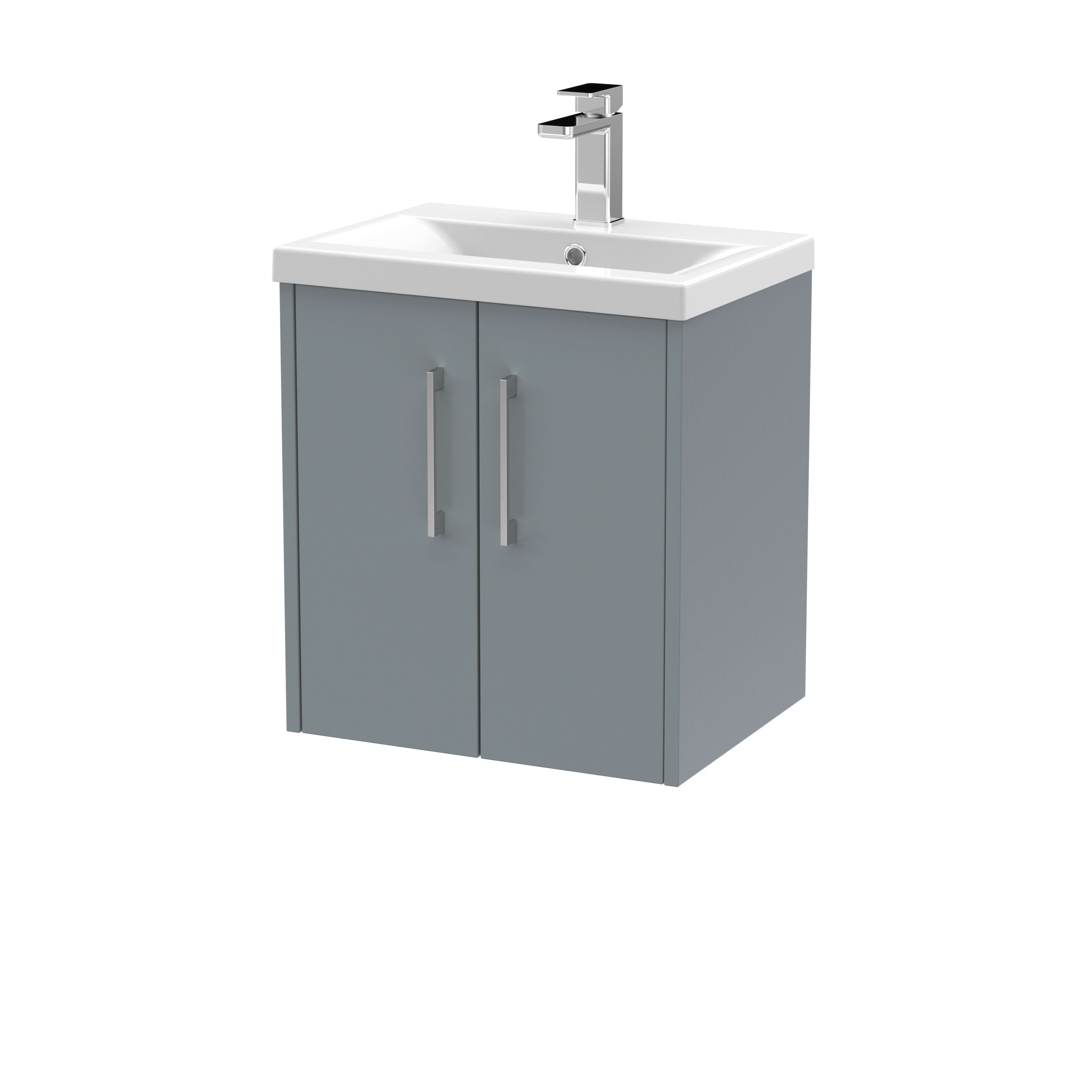 Hudson Reed Juno Wall Hung 2-Door Vanity & Mid-Edge 1 Tap Hole Basin, Timeless Sink Vanity Unit, Coastal Grey, 500mm