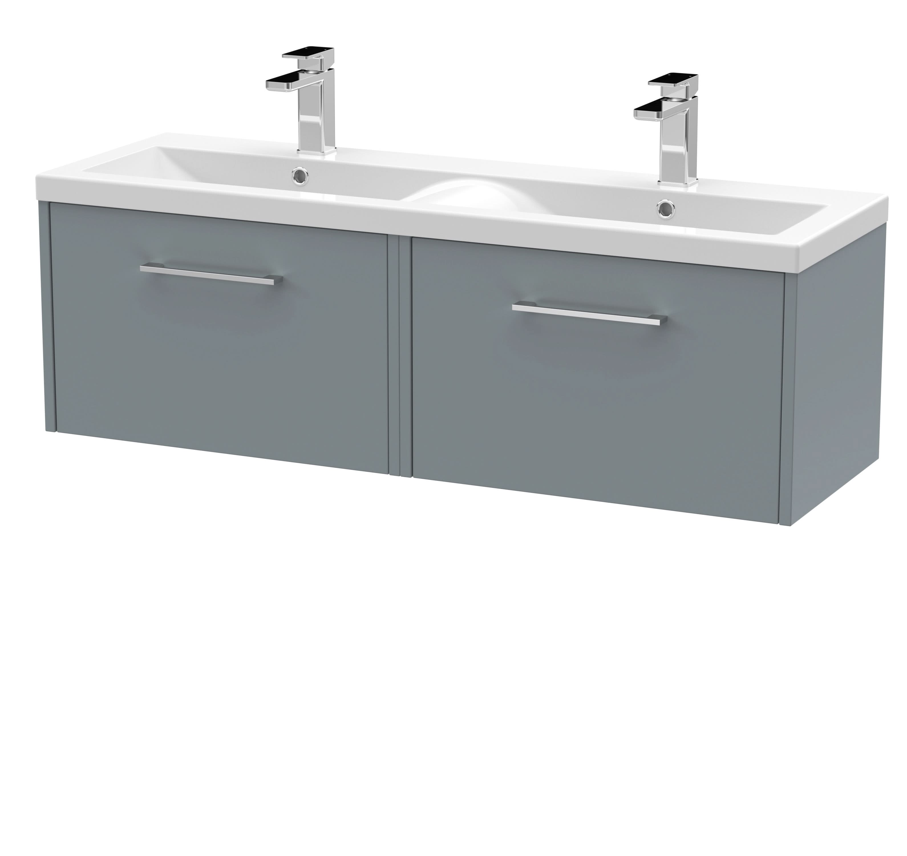 Hudson Reed Fluted Wall Hung 2-Drawer Vanity and Double Vitreous China Basin, Contemporary Sink Vanity Unit, Coastal Grey, 1200mm