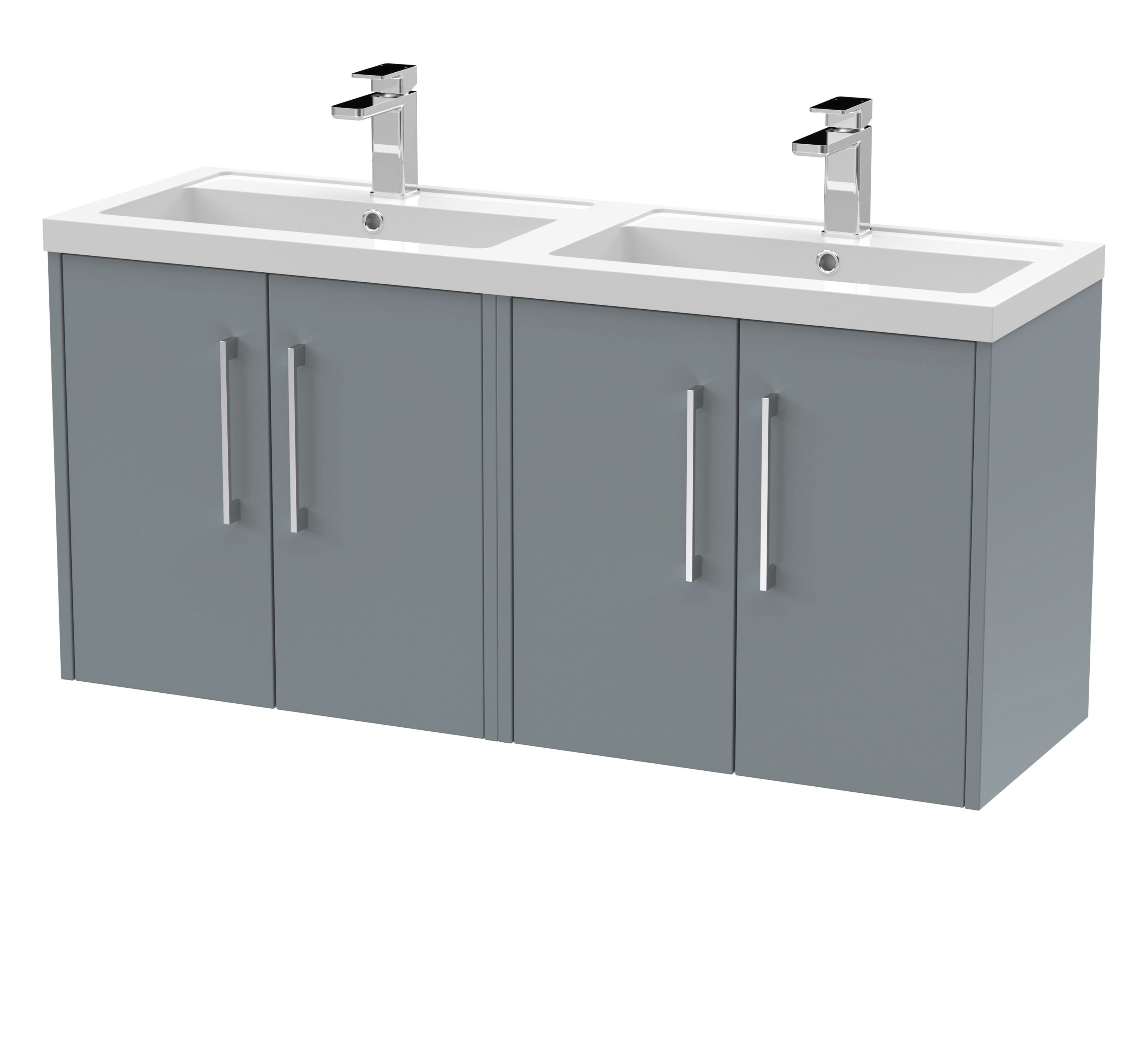 Hudson Reed Fluted Wall Hung 4-Door Vanity and Double Polymarble Basin, Contemporary Sink Vanity Unit, Coastal Grey, 1200mm