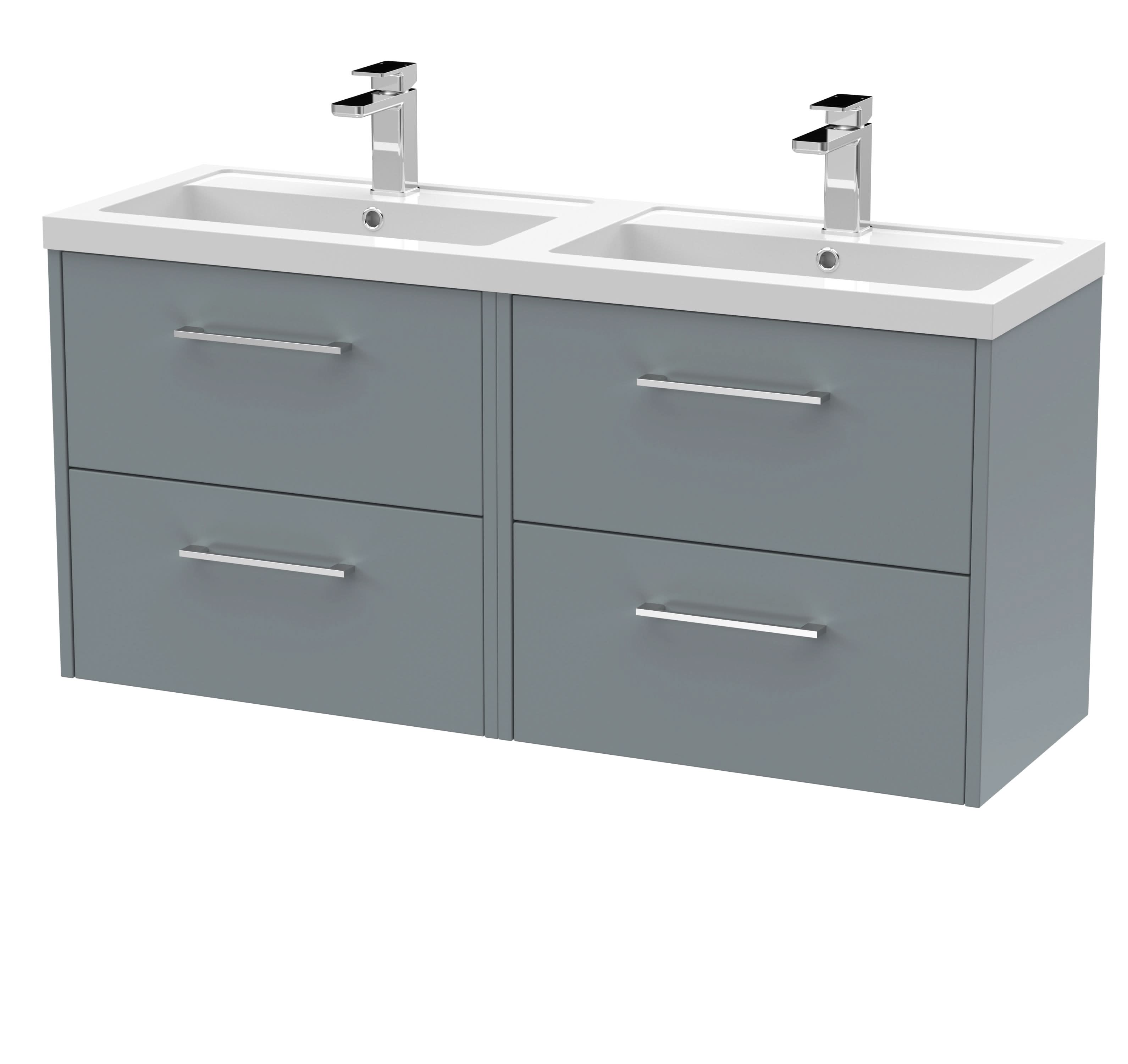 Hudson Reed Fluted Wall Hung 4-Drawer Vanity and Double Polymarble Basin, Contemporary Sink Vanity Unit, Coastal Grey, 1200mm