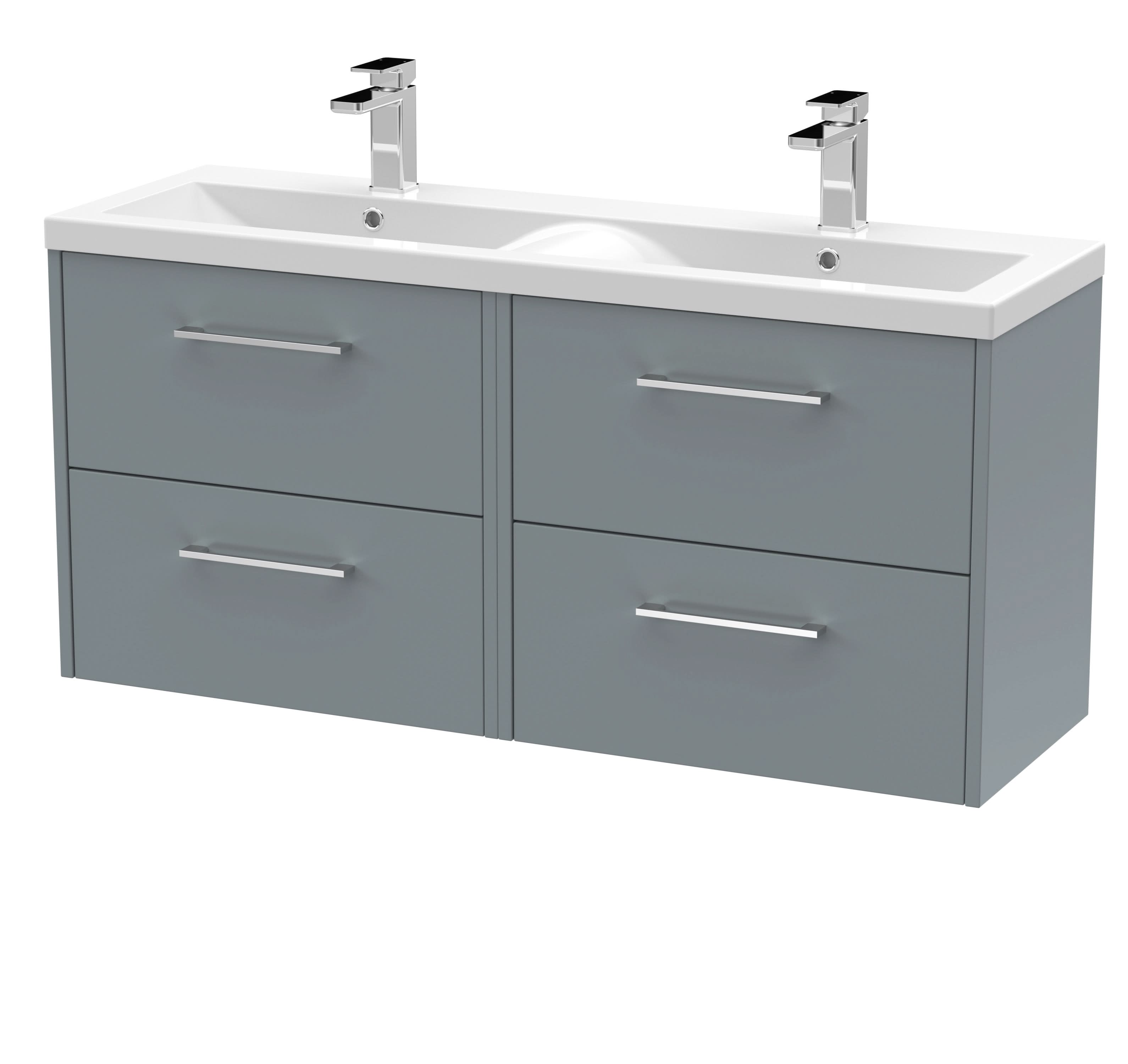 Hudson Reed Fluted Wall Hung 4-Drawer Vanity and Double Vitreous China Basin, Contemporary Sink Vanity Unit, Coastal Grey, 1200mm
