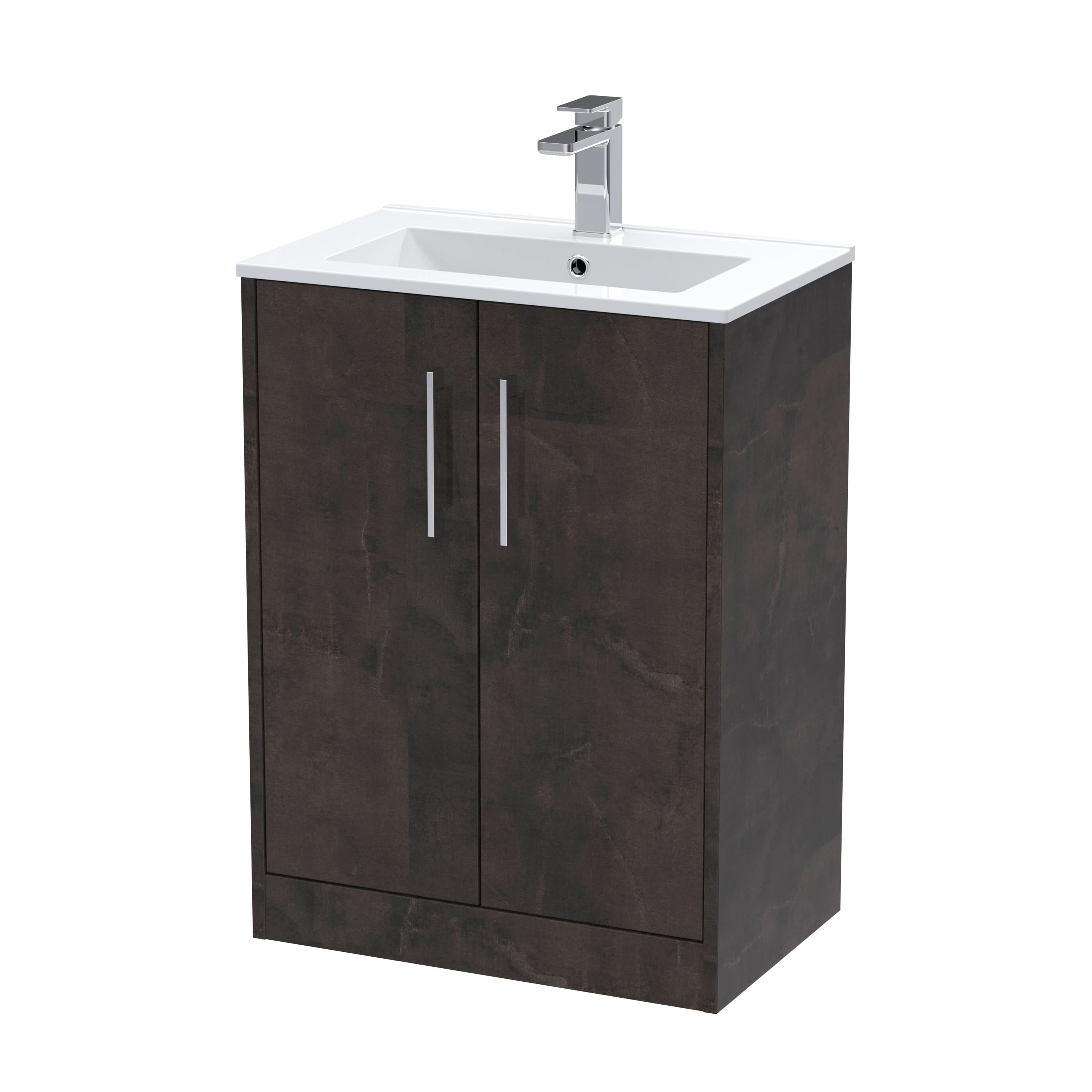 Hudson Reed Juno Floor Standing 2-Door Vanity & Minimalist 1 Tap Hole Basin, Refined Sink Vanity Unit, Metallic Slate, 600mm