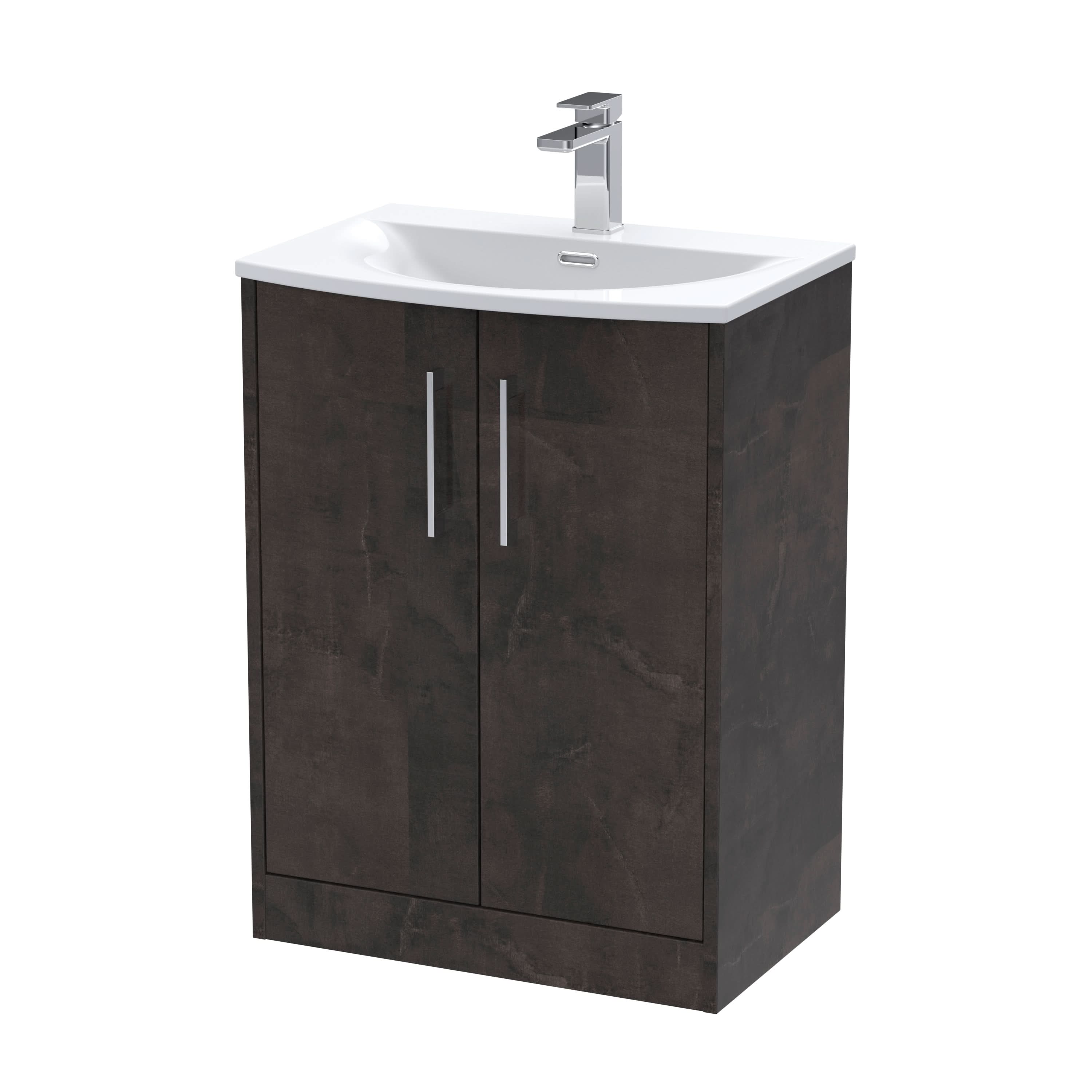 Hudson Reed Juno Floor Standing 2-Door Vanity & Curved 1 Tap Hole Basin, Refined Sink Vanity Unit, Metallic Slate, 600mm