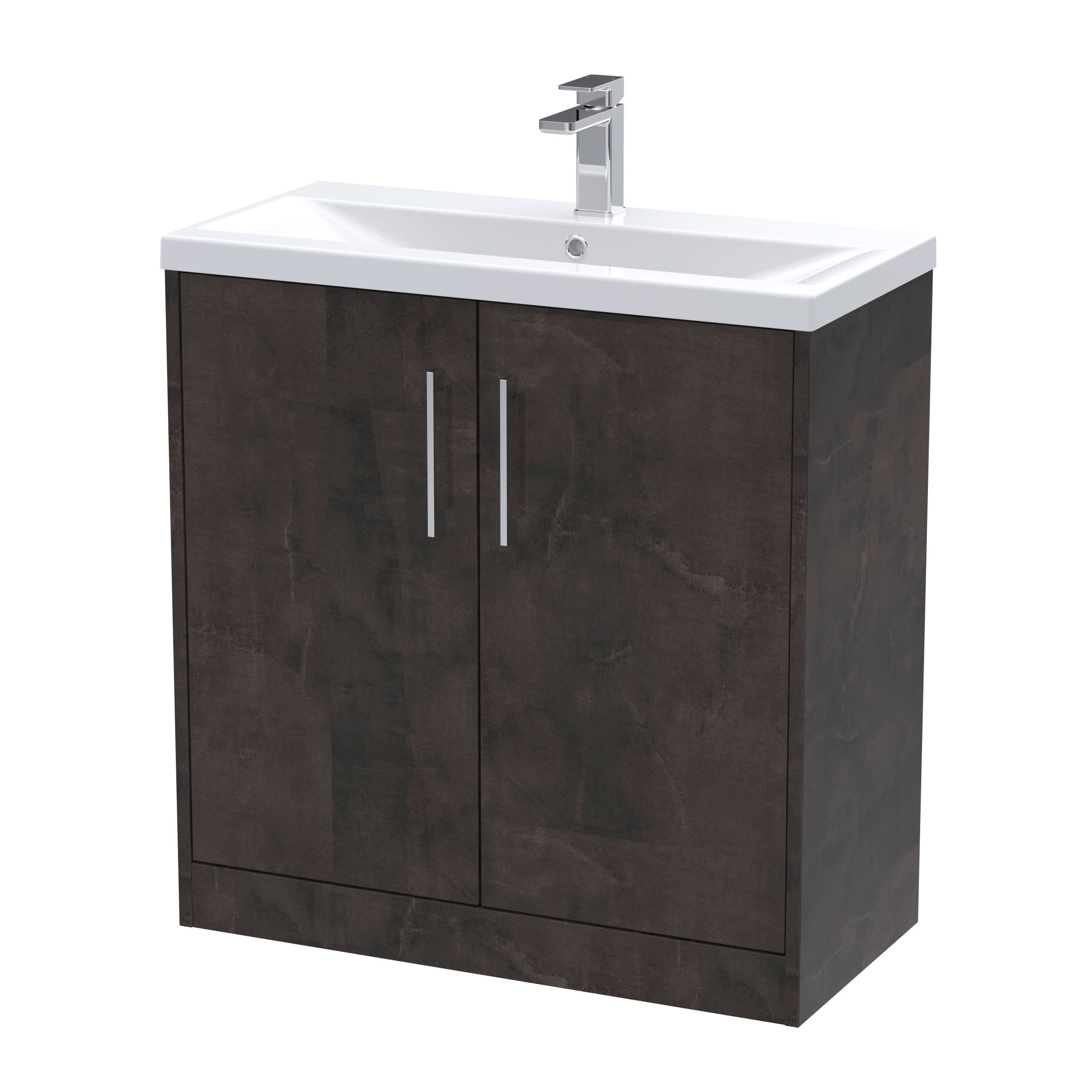 Hudson Reed Juno Floor Standing 2-Door Vanity & Mid-Edge 1 Tap Hole Basin, Refined Sink Vanity Unit, Metallic Slate, 800mm