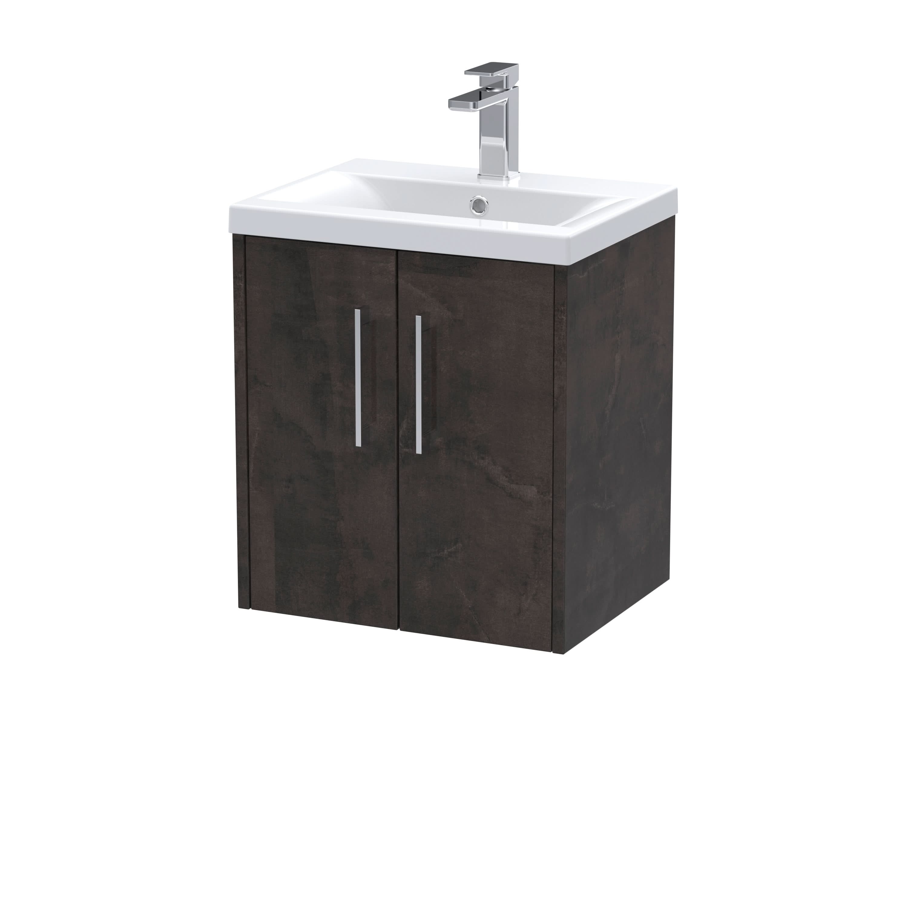 Hudson Reed Juno Wall Hung 2-Door Vanity & Mid-Edge 1 Tap Hole Basin, Refined Sink Vanity Unit, Metallic Slate, 500mm