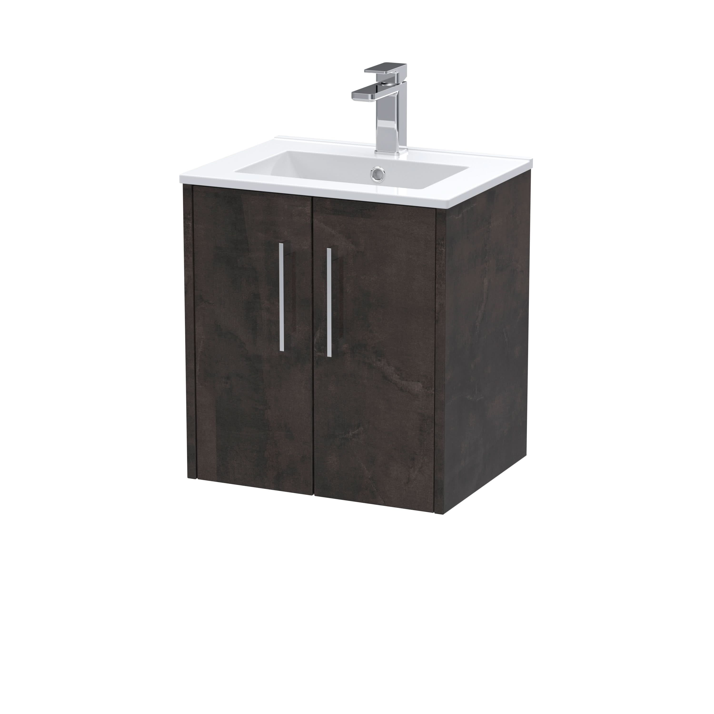 Hudson Reed Juno Wall Hung 2-Door Vanity & Minimalist 1 Tap Hole Basin, Refined Sink Vanity Unit, Metallic Slate, 500mm