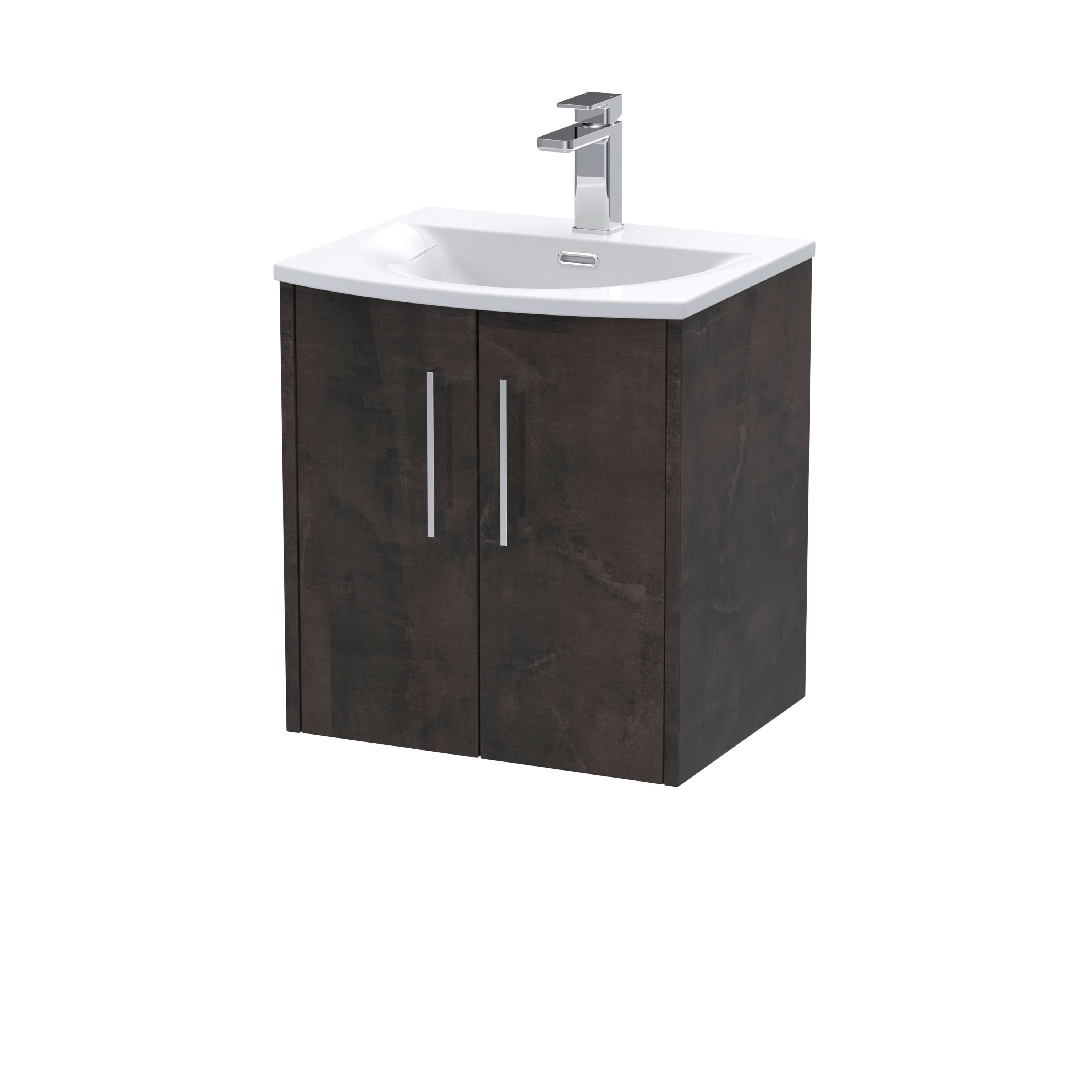 Hudson Reed Juno Wall Hung 2-Door Vanity & Curved 1 Tap Hole Basin, Refined Sink Vanity Unit, Metallic Slate, 500mm