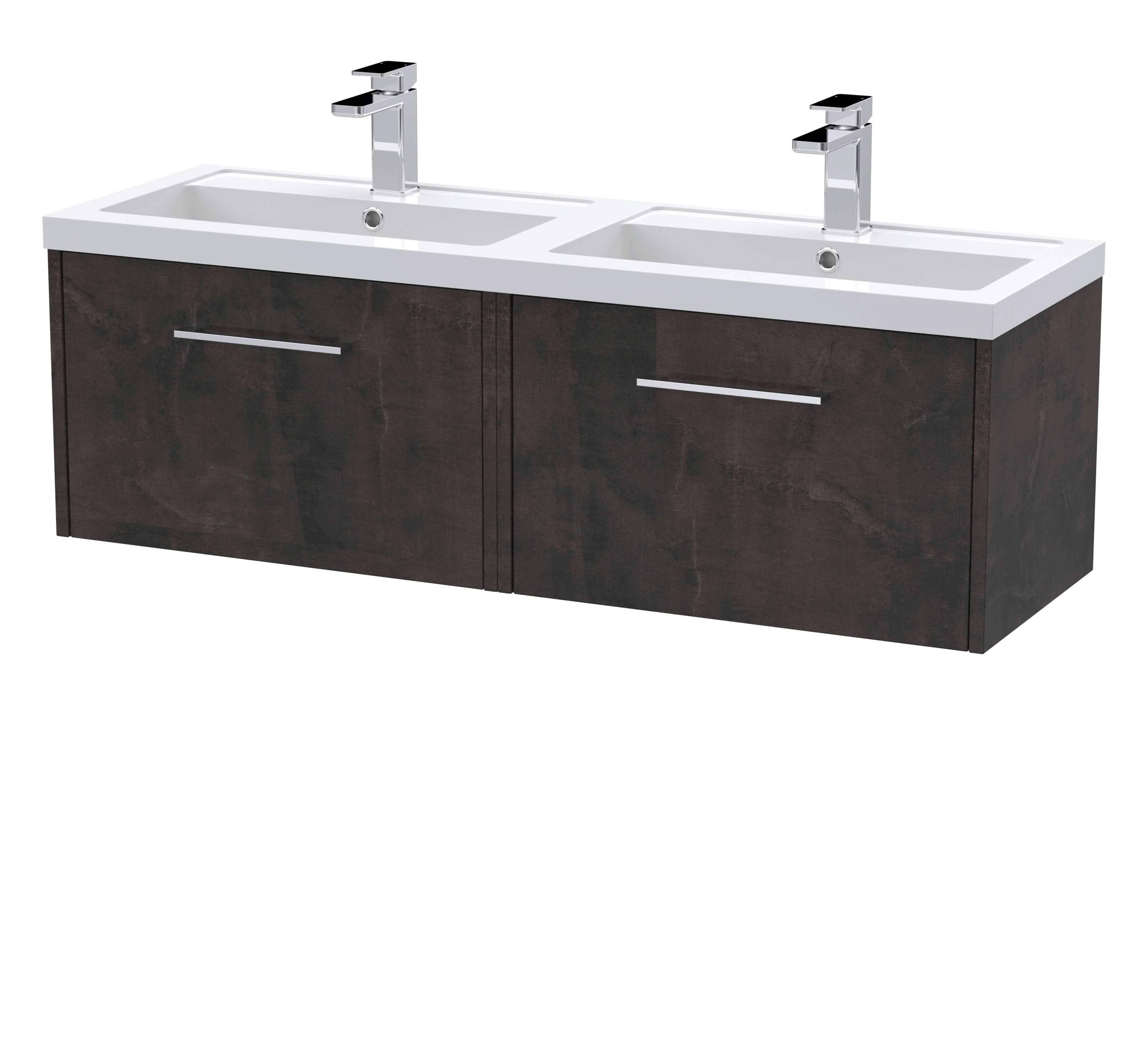 Hudson Reed Fluted Wall Hung 2-Drawer Vanity and Double Polymarble Basin, Contemporary Sink Vanity Unit, Metallic Slate, 1200mm