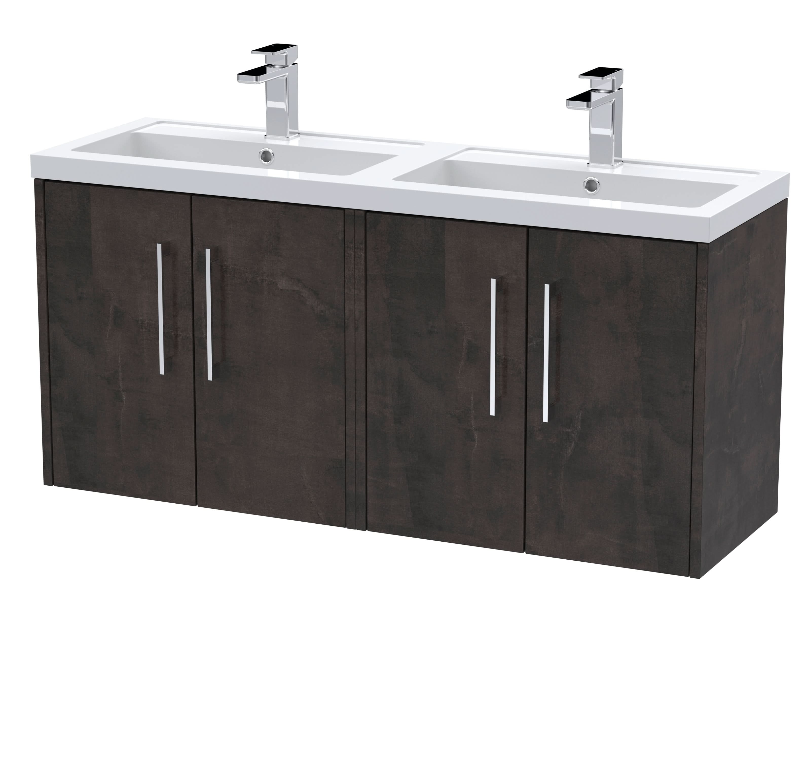 Hudson Reed Fluted Wall Hung 4-Door Vanity and Double Polymarble Basin, Contemporary Sink Vanity Unit, Metallic Slate, 1200mm