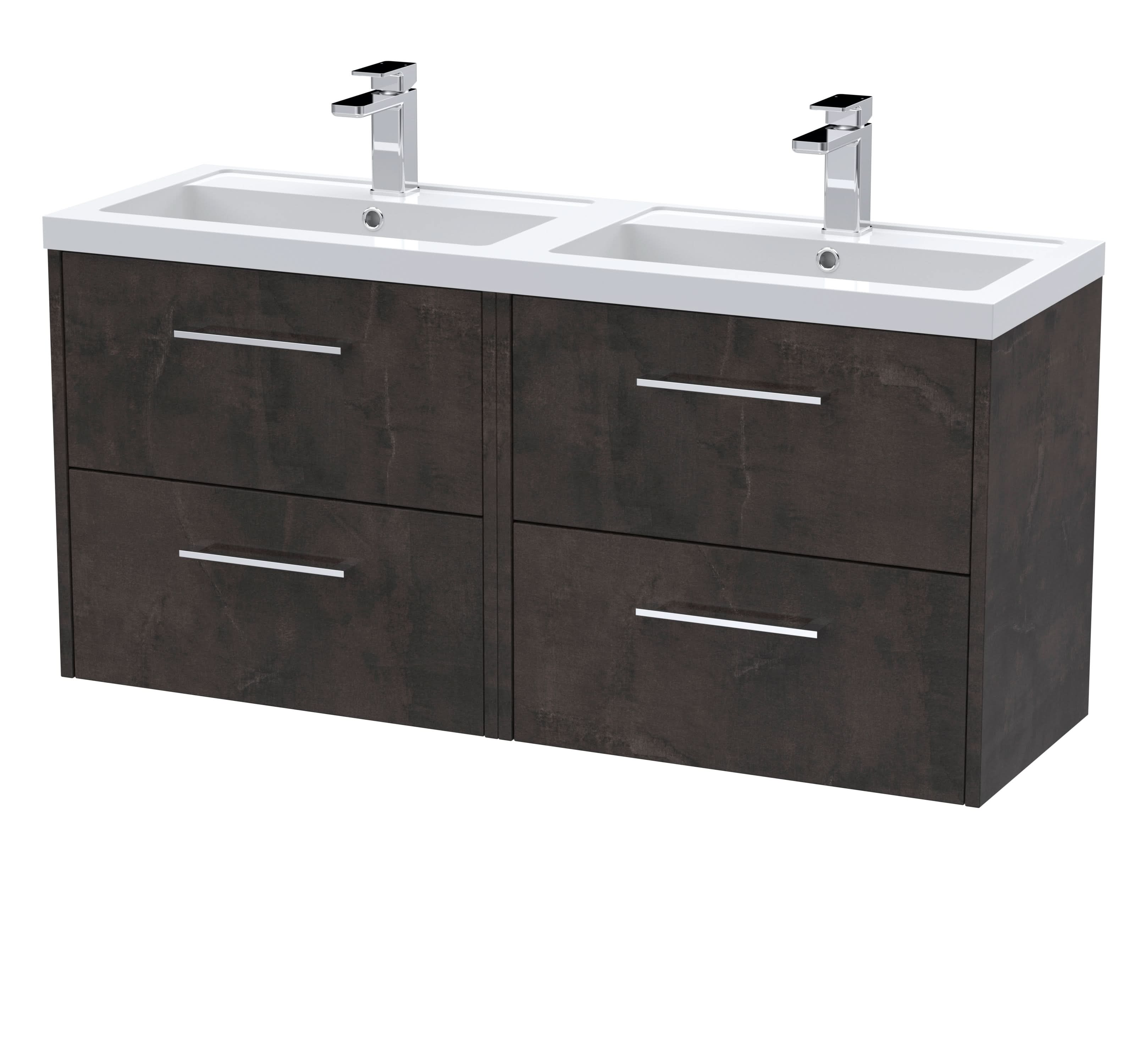 Hudson Reed Fluted Wall Hung 4-Drawer Vanity and Double Polymarble Basin, Contemporary Sink Vanity Unit, Metallic Slate, 1200mm