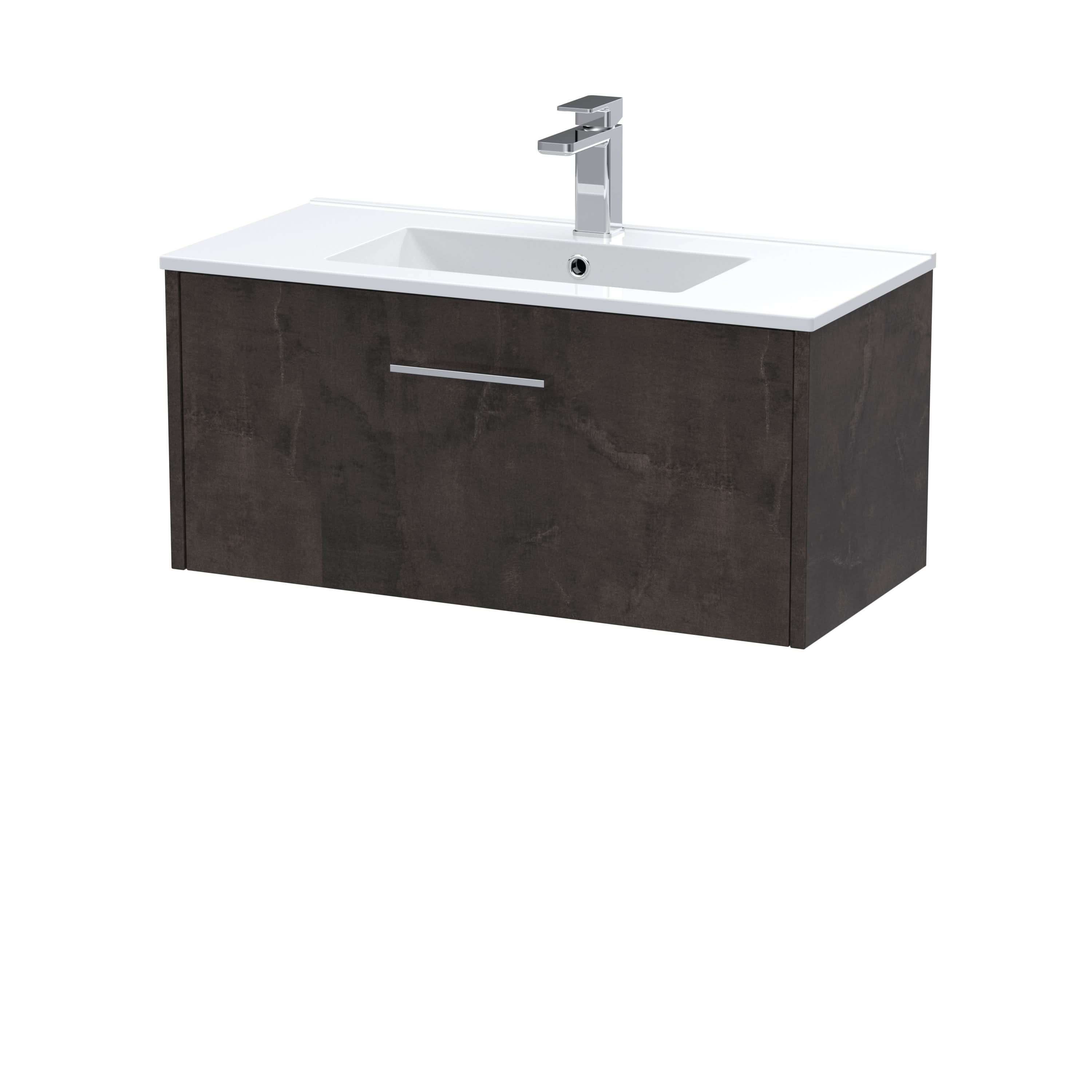Hudson Reed Juno Wall Hung 1-Drawer Vanity and Minimalist 1 Tap Hole Basin, Refined Sink Vanity Unit, Metallic Slate, 800mm