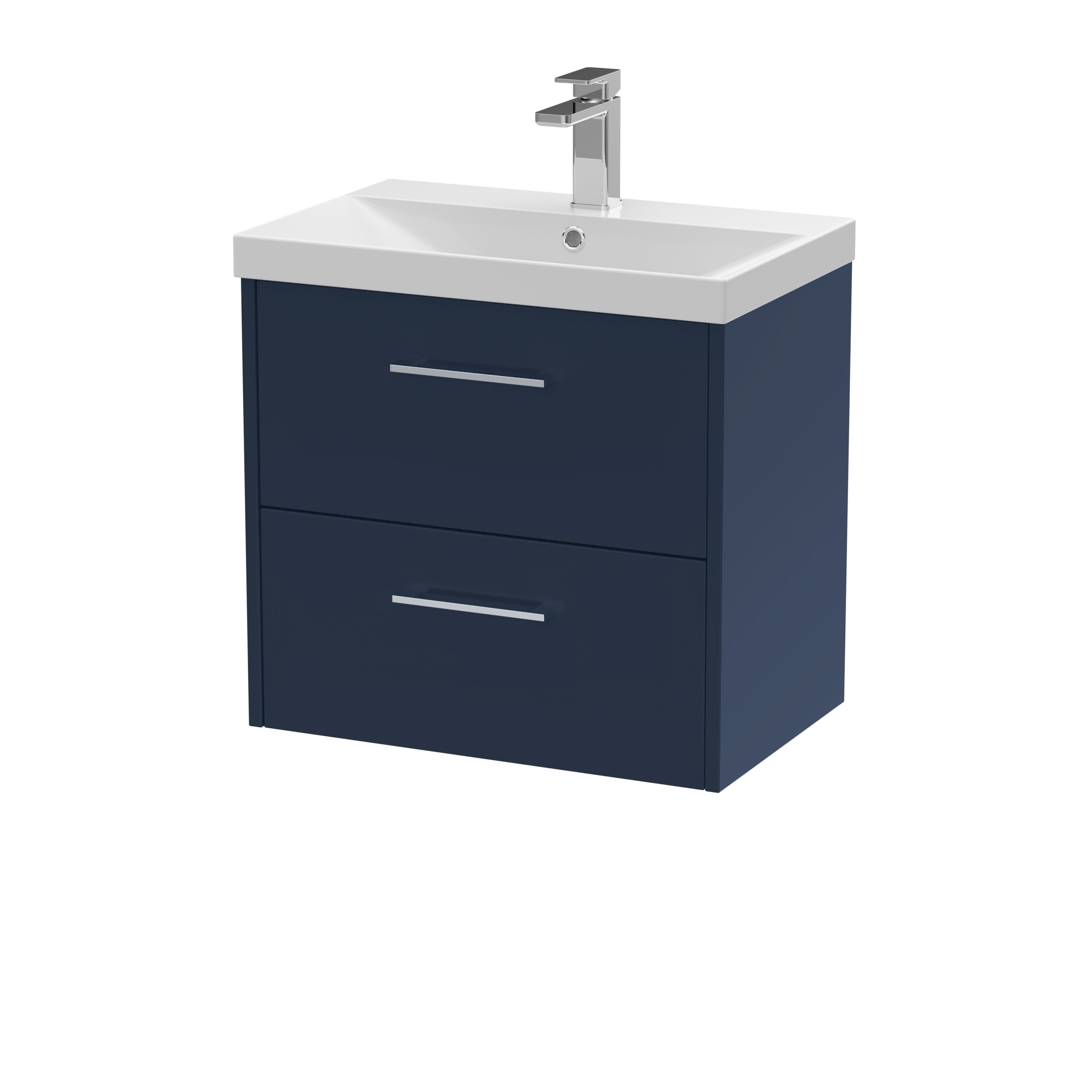 Hudson Reed Juno Wall Hung Vanity Unit with Basin 1 Tap Hole, 2 Soft Close Drawers with D Shape Handles, Modern Sink Vanity Unit for Bathroom in Midnight Blue, 600mm