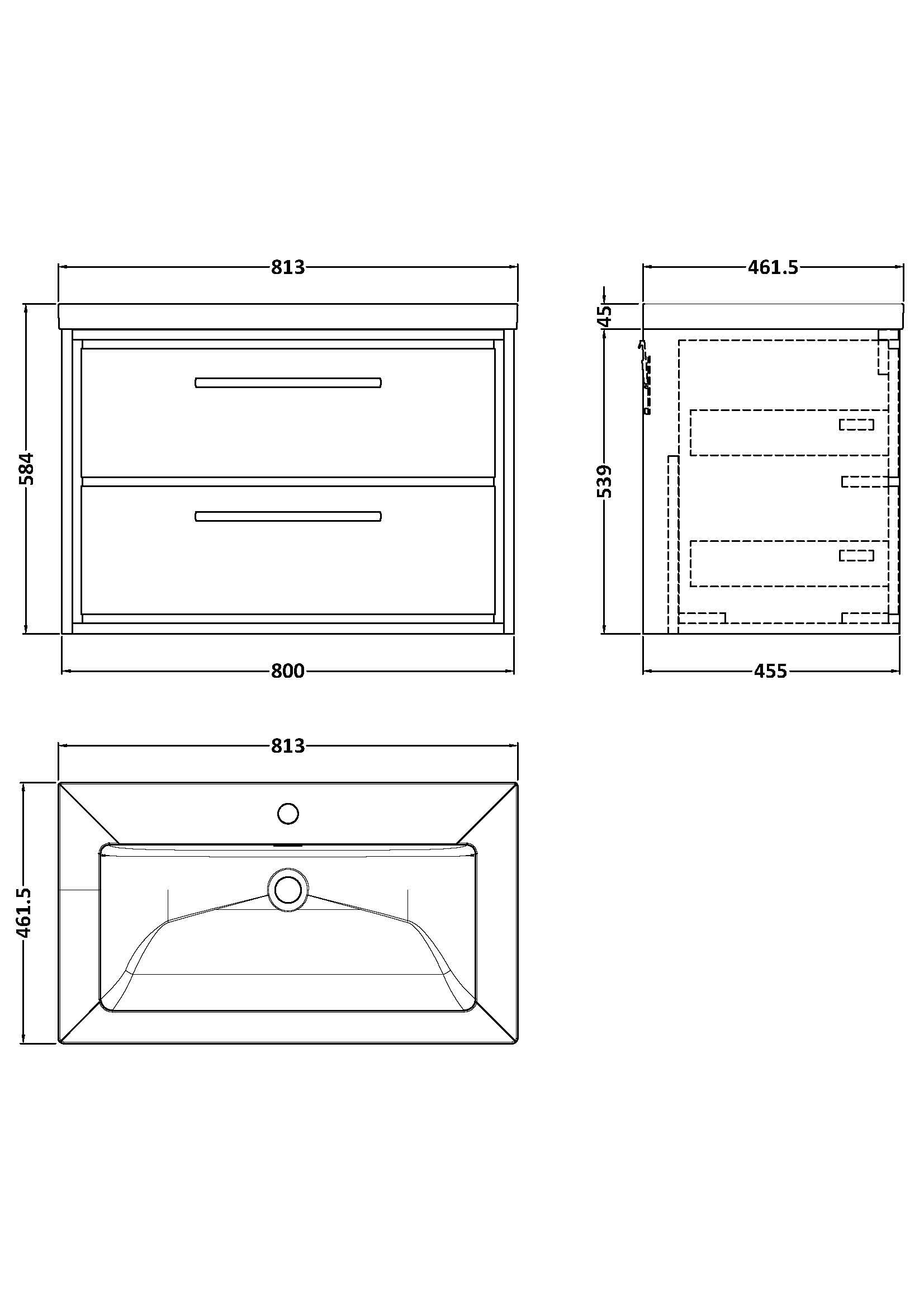 Hudson Reed Lille Wall Hung Vanity Unit with 1 Tap Hole Basin, Durable Bathroom Furniture, Double Drawer Sink Vanity Unit for Contemporary Bathroom Storage, 800mm