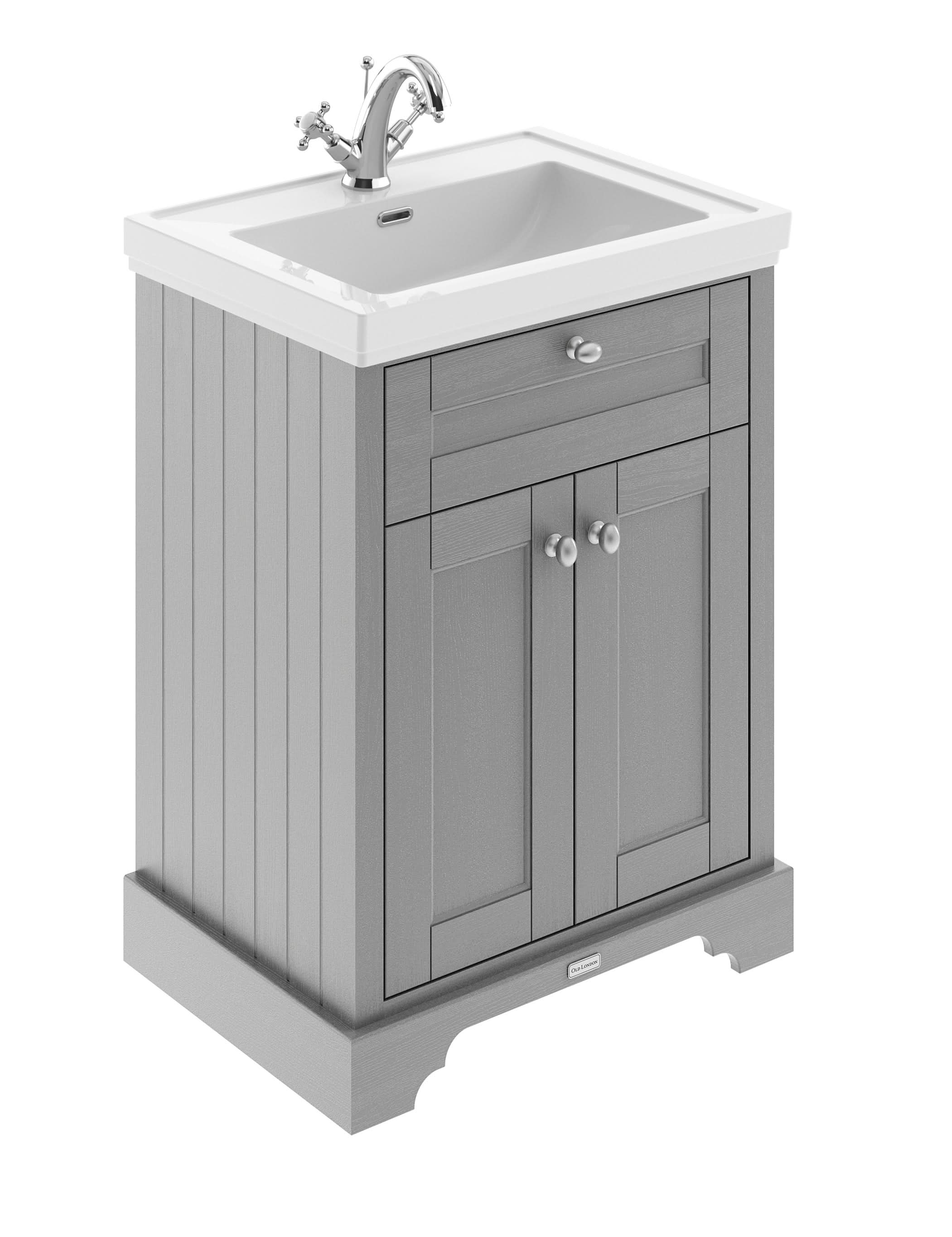 Old London Floor Standing Vanity Unit with 2 Doors & Fireclay Basin, Traditional Bathroom Sink Vanity Unit with Soft Close Doors 1 Tap Hole in Storm Grey, 600mm