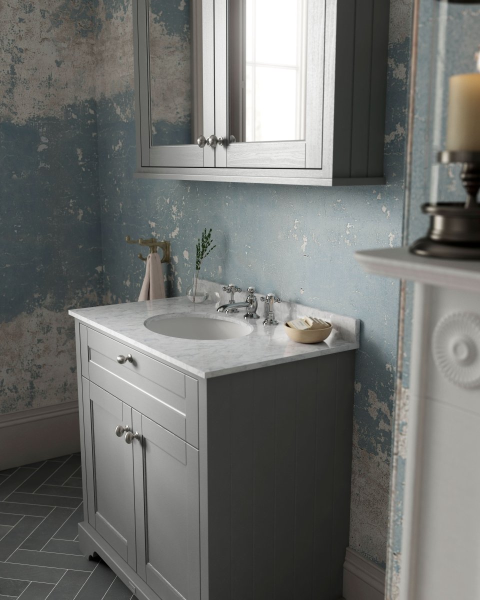 Old London Floor Standing Vanity Unit with Basin, 2 Door Cabinet, Grey Marble Top with 3 Tap Holes, Traditional Bathroom Sink Vanity Unit in Storm Grey, 800mm