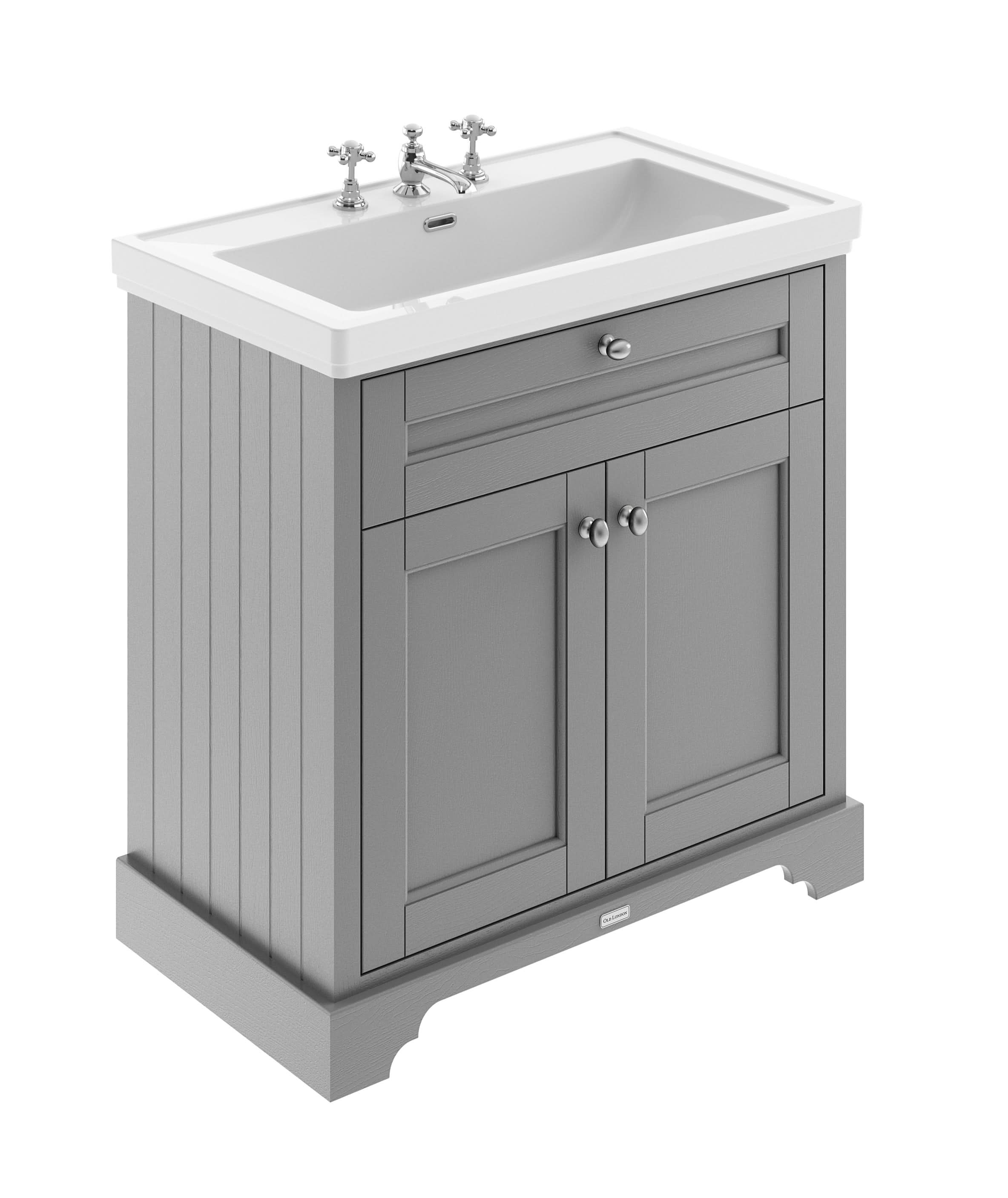 Old London Floor Standing Vanity Unit with Fireclay Basin, 3 Tap Hole Sink Vanity Unit, Traditional Bathroom Vanity Unit with Basin in Storm Grey, 800mm
