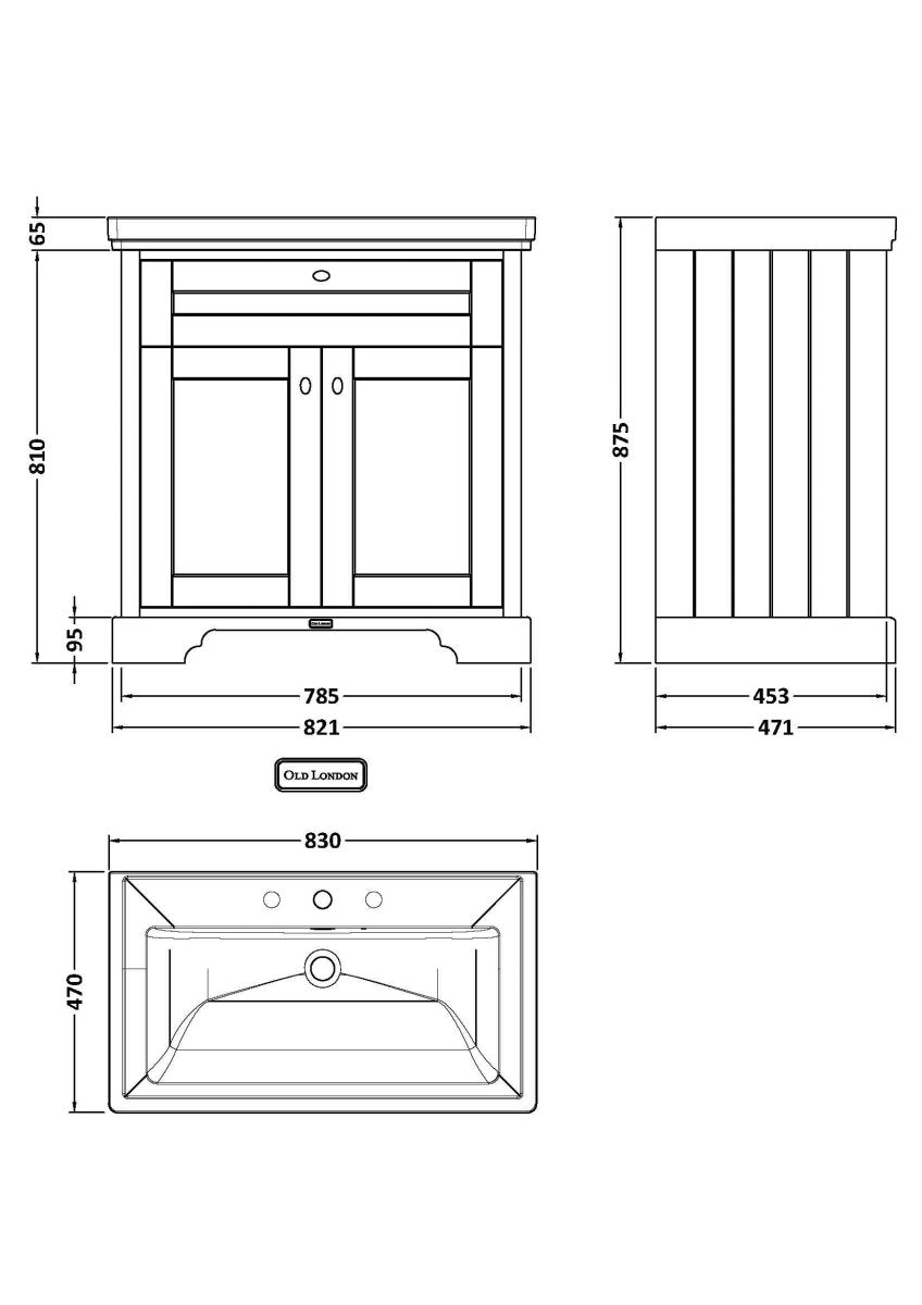 Old London Floor Standing Vanity Unit with Fireclay Basin, 3 Tap Hole Sink Vanity Unit, Traditional Bathroom Vanity Unit with Basin in Storm Grey, 800mm
