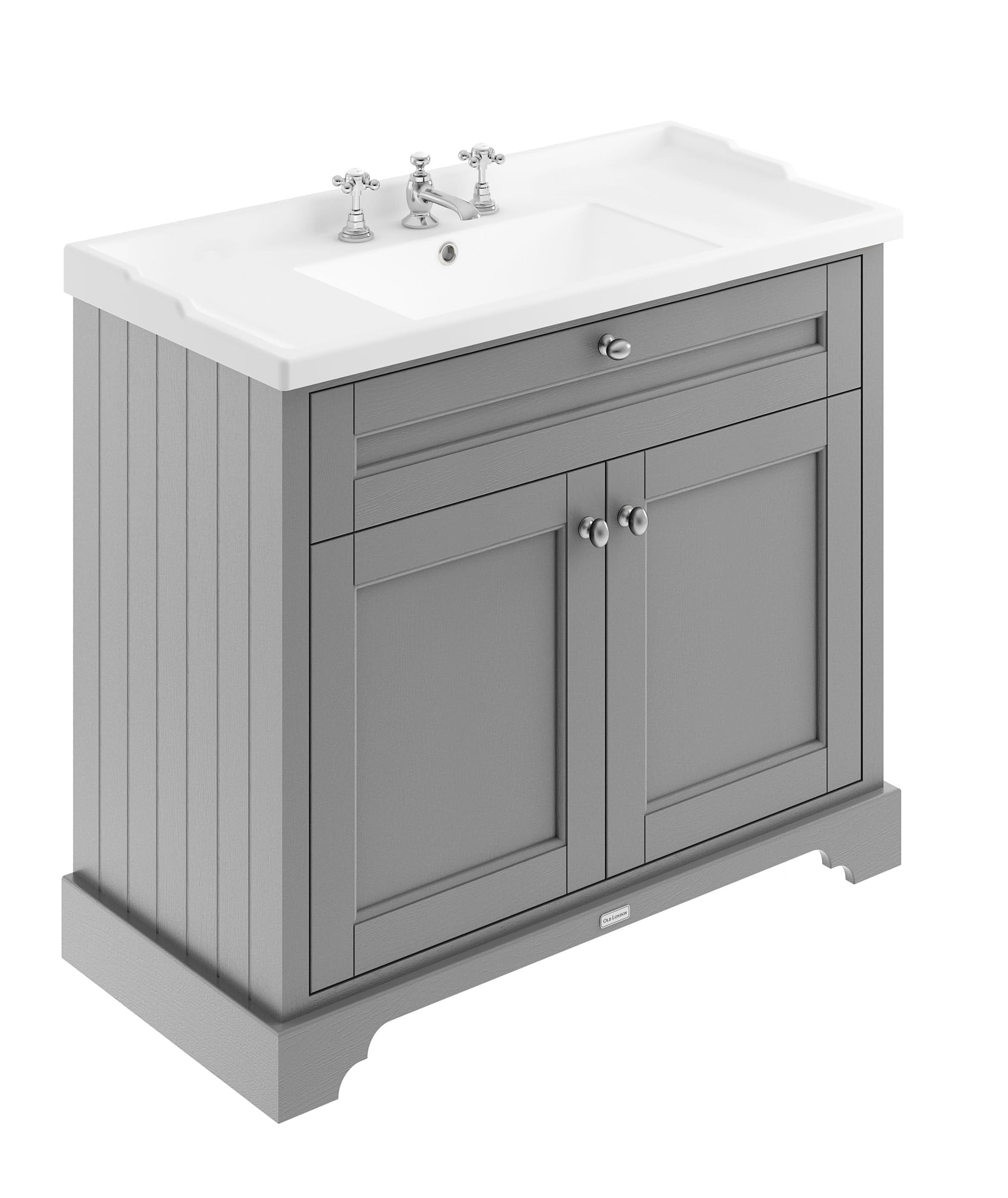 Old London Floor Standing Vanity Unit with 3 Tap Hole Ceramic Basin, Classic Bathroom Vanity Units, Sink Vanity Unit in Bathroom, Soft Close Doors in Storm Grey, 1000mm