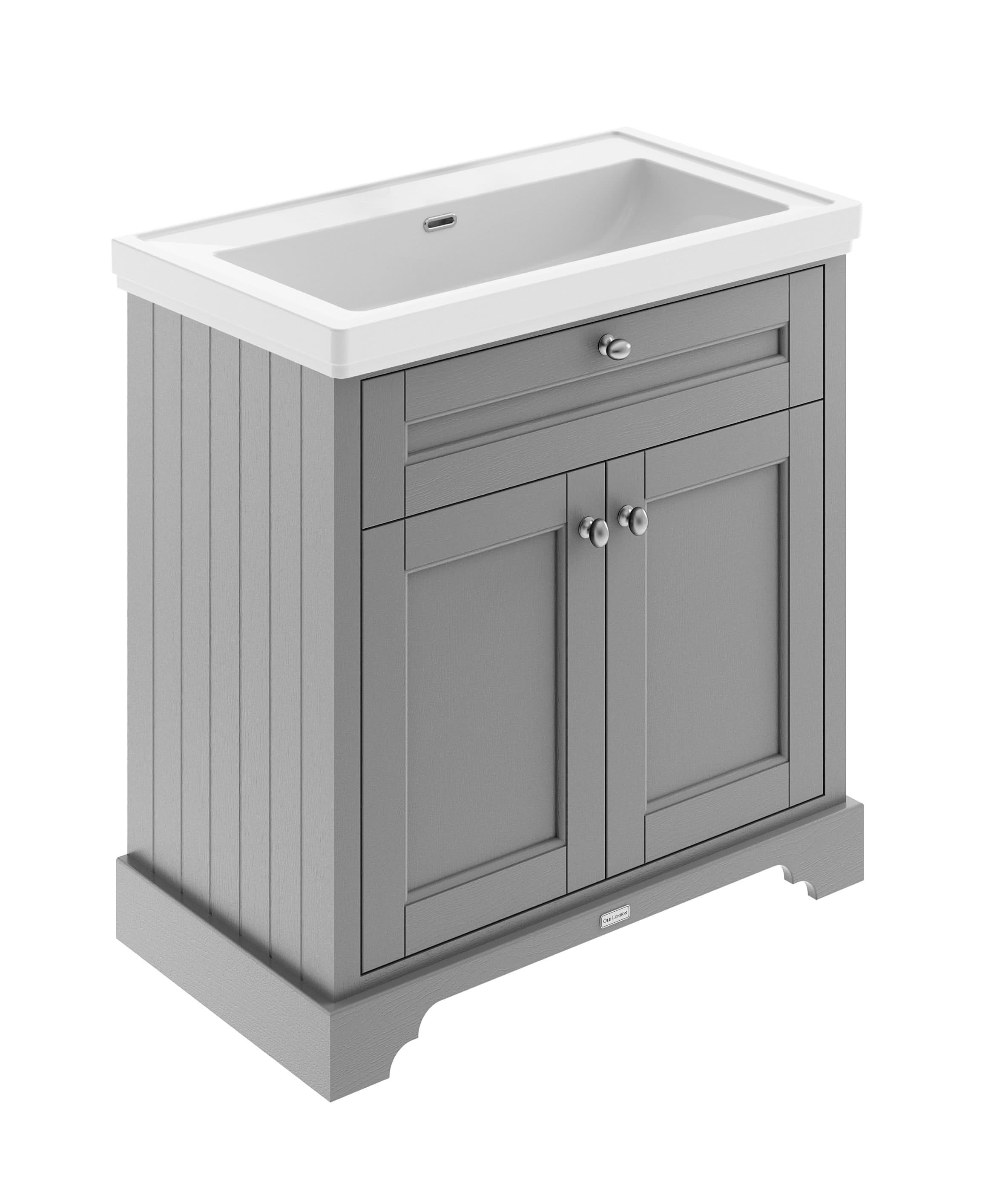 Old London Floor Standing Vanity Unit with Fireclay Basin Bathroom Sink Cabinet, Soft Close Doors, Wall Tap Ready, Traditional 2 Door Vanity Unit in Storm Grey, 800mm