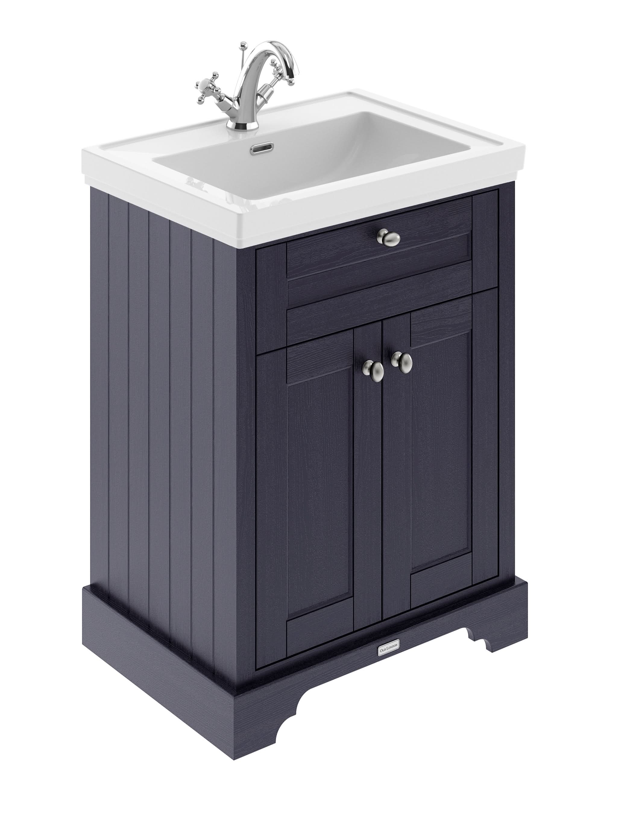 Old London Floor Standing Vanity Unit with Fireclay Basin 1 Tap Hole, Durable 2 Soft Close Door in Woodgrain Finish Traditional Sink Cabinet in Twilight Blue, 830mm