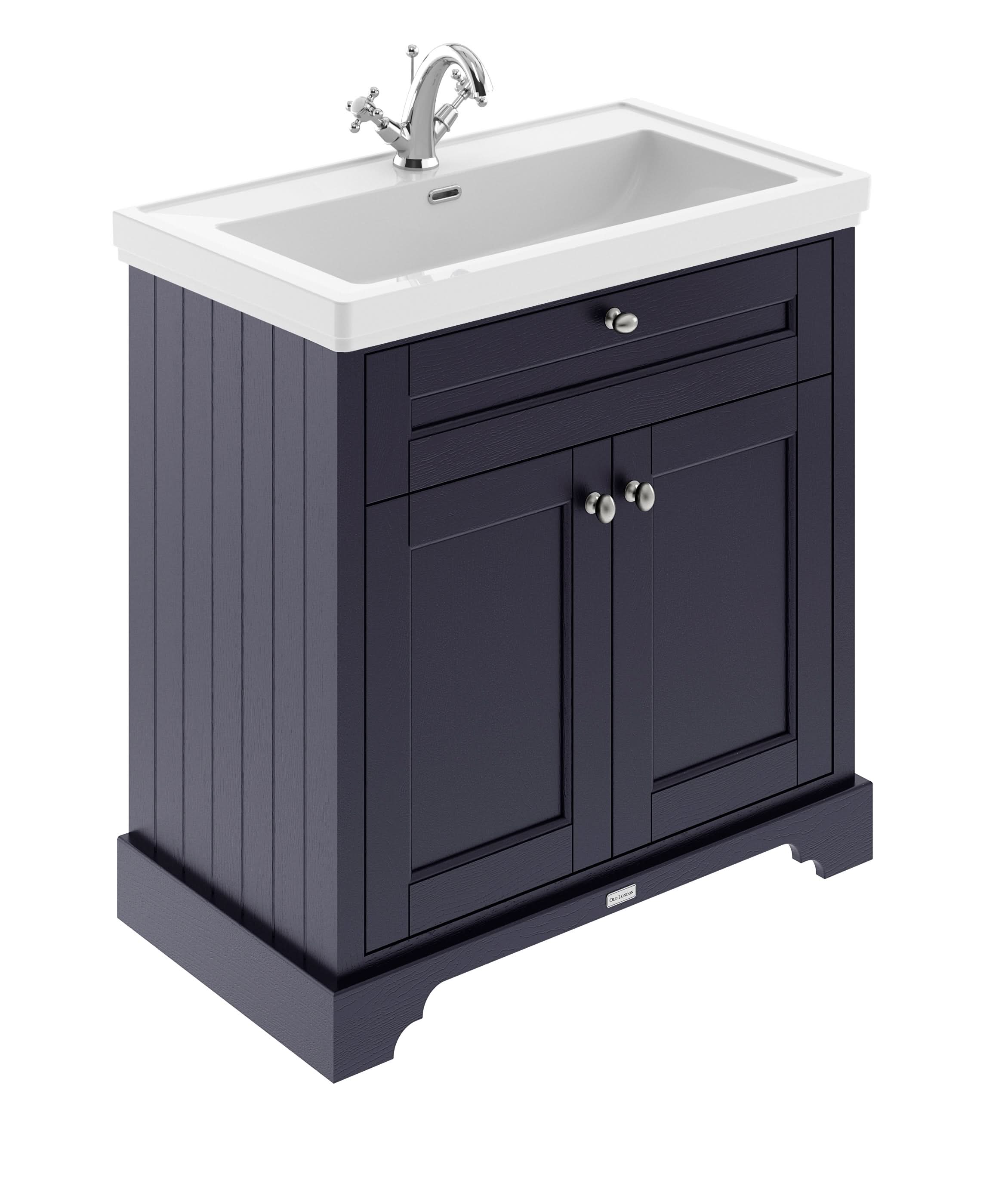 Old London Floor Standing Vanity Unit with Fireclay Basin 1 Tap Hole, Durable 2 Soft Close Doors with Shelf & Handles, Classic Bathroom Furniture in Twilight Blue 800mm