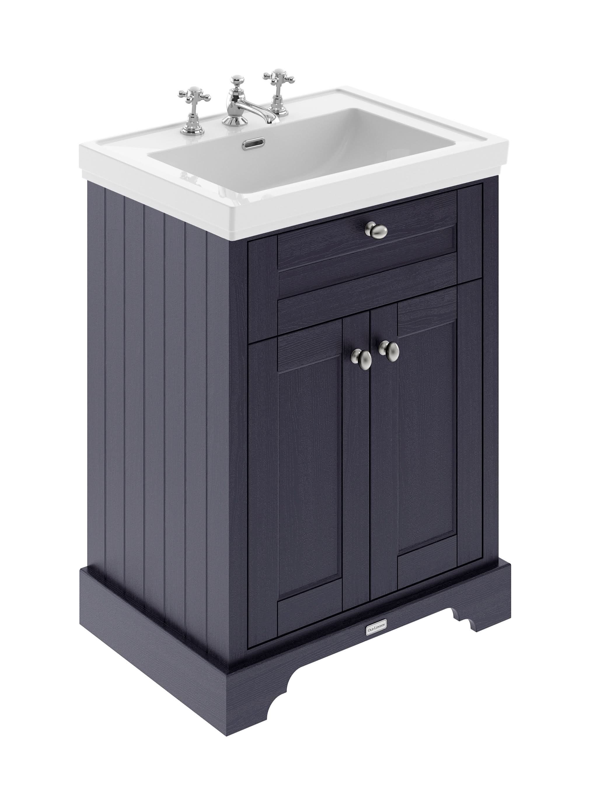 Old London Floor Standing Vanity Unit with 3 Tap Hole Fireclay Basin in MDF Cabinet, Soft Close Doors, Traditional Sink Vanity Unit in Twilight Blue, 600mm